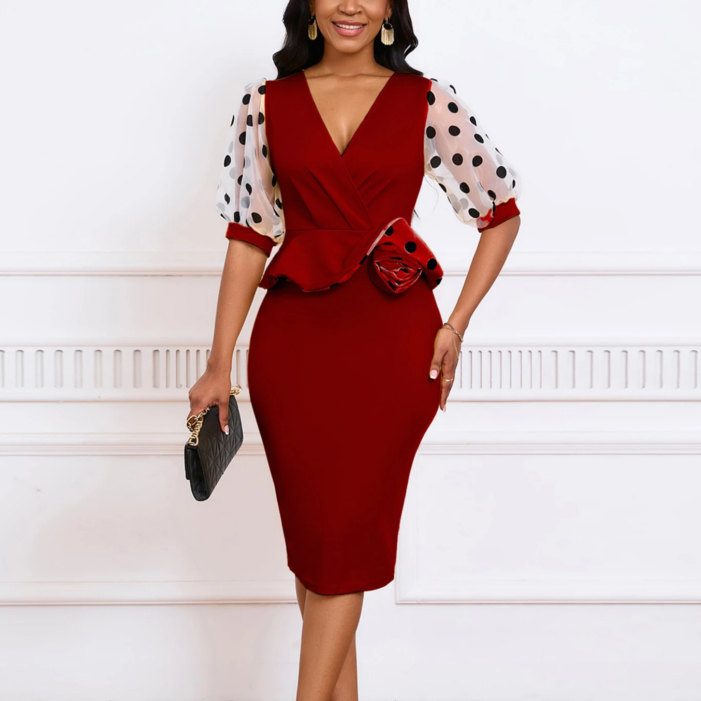 V Neck Half Sleeve Polka Dot Sheath Mid Calf Professional Business Dress