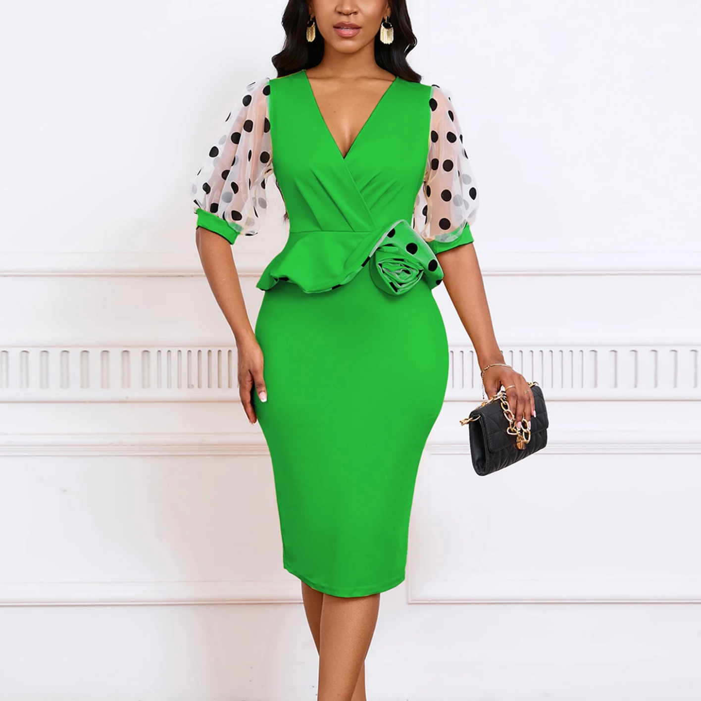 V Neck Half Sleeve Polka Dot Sheath Mid Calf Professional Business Dress