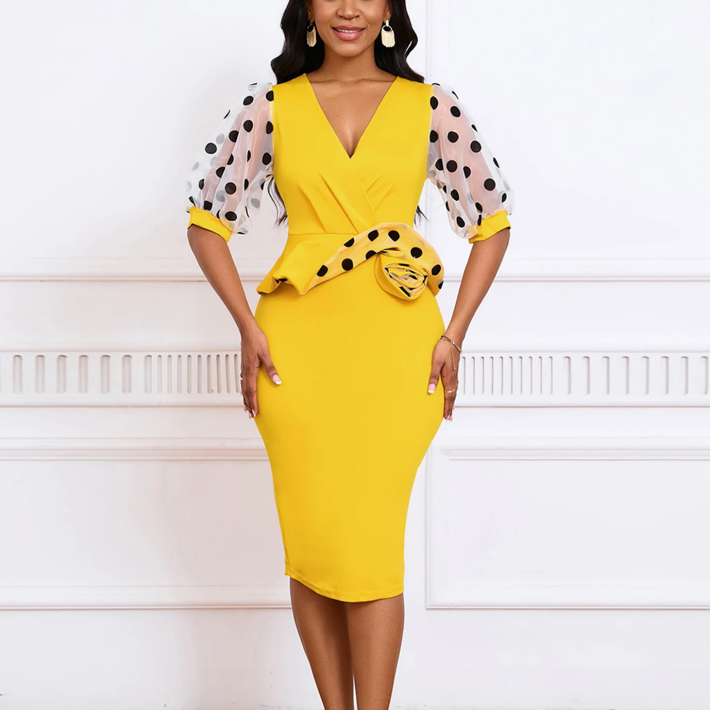 V Neck Half Sleeve Polka Dot Sheath Mid Calf Professional Business Dress