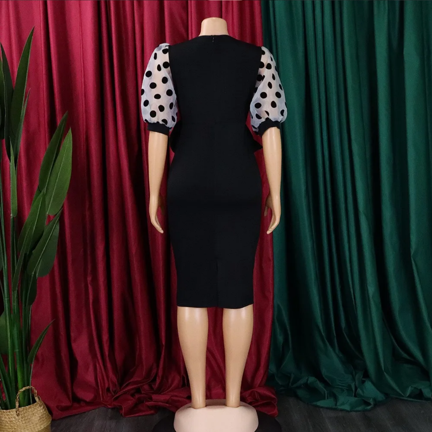 V Neck Half Sleeve Polka Dot Sheath Mid Calf Professional Business Dress