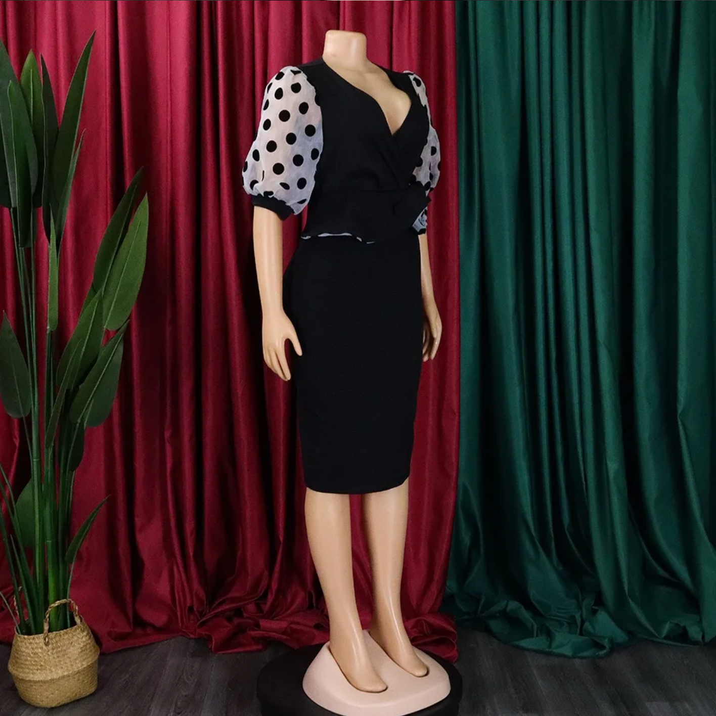 V Neck Half Sleeve Polka Dot Sheath Mid Calf Professional Business Dress