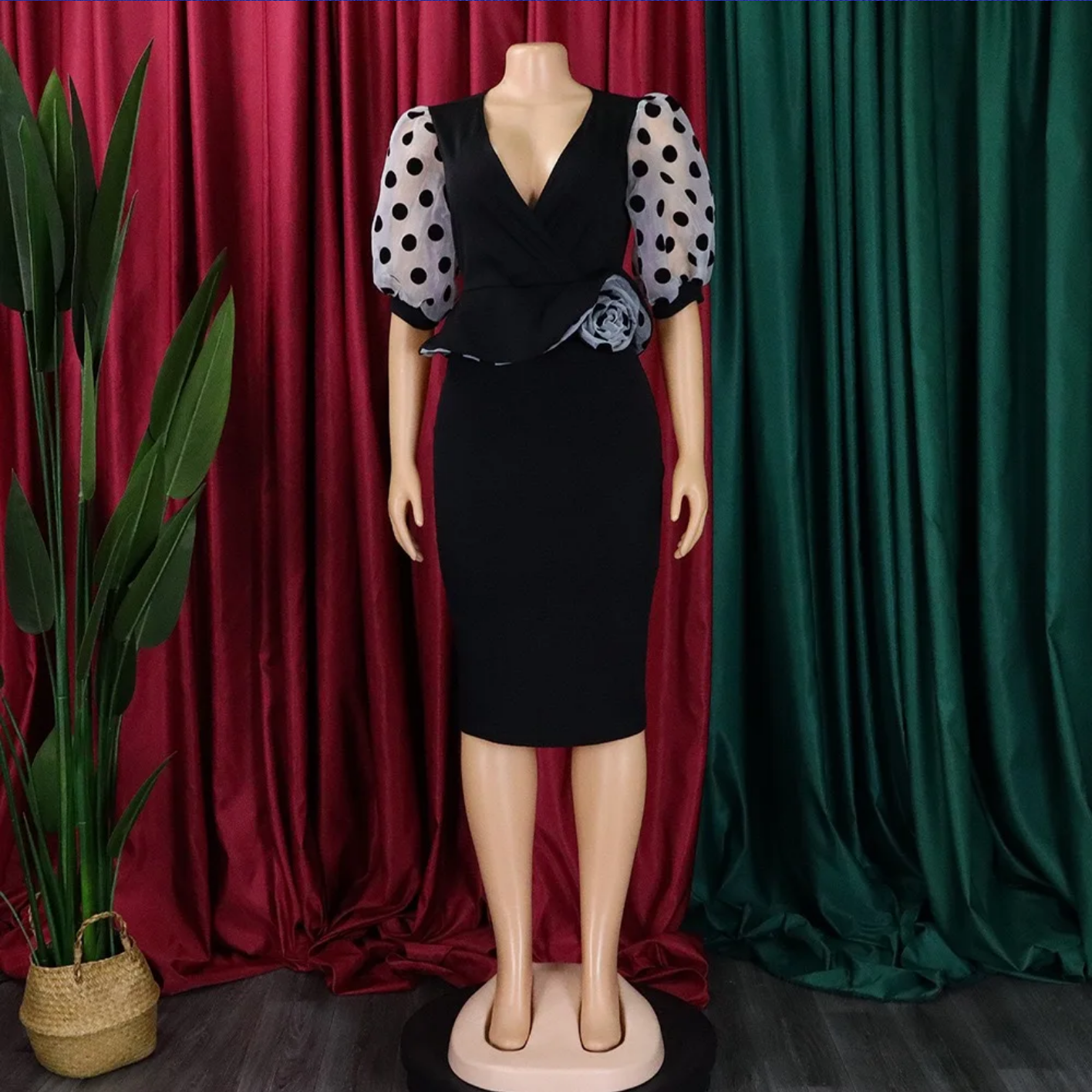 V Neck Half Sleeve Polka Dot Sheath Mid Calf Professional Business Dress