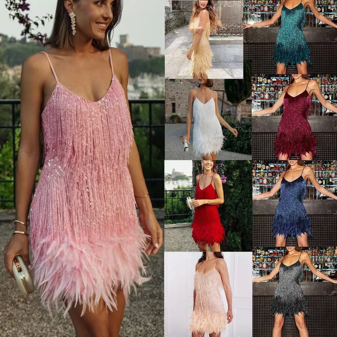 Fashionable Tassel Sequin Feather  Dress