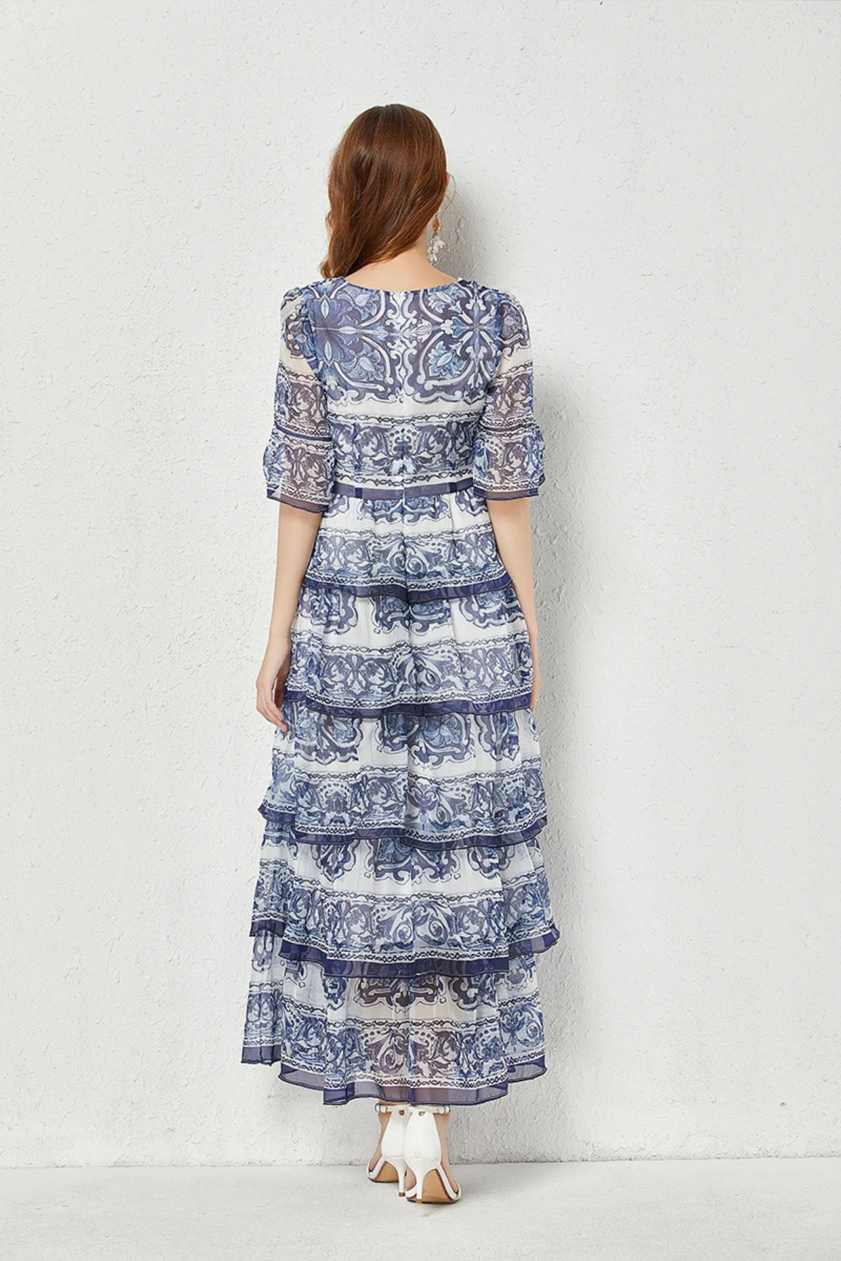 2023  Summer Gorgeous Blue And White Porcelain Printed Cascading Ruffles 5-Layers Cake Flare Sleeve Chiffon Maxi Dress