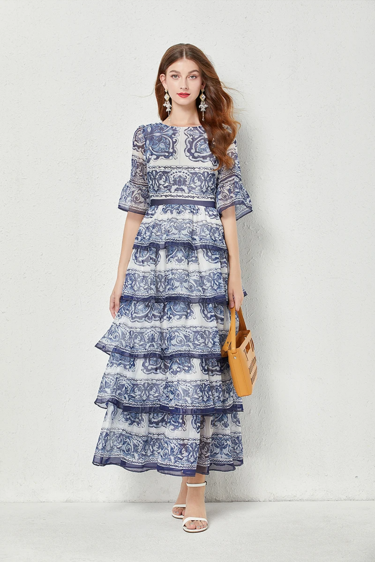 2023  Summer Gorgeous Blue And White Porcelain Printed Cascading Ruffles 5-Layers Cake Flare Sleeve Chiffon Maxi Dress