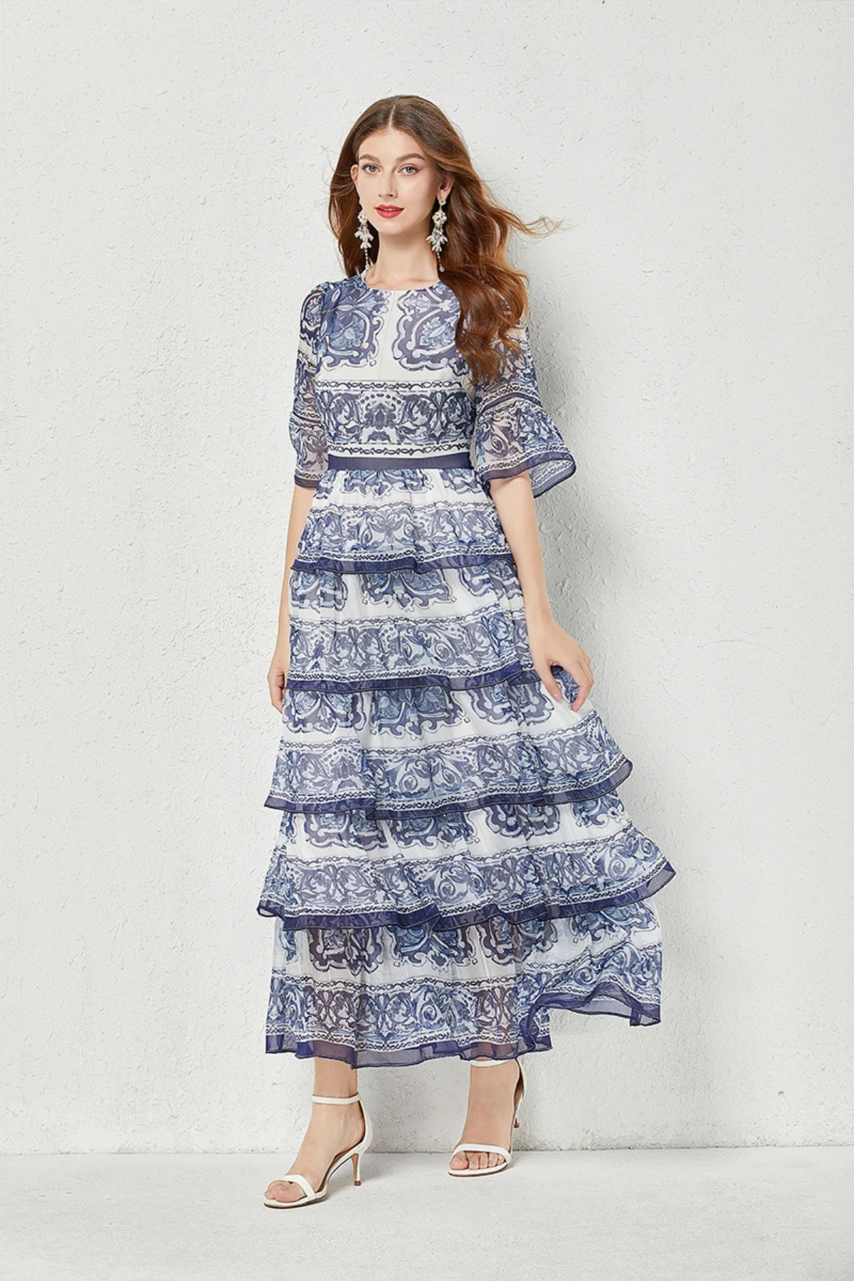 2023  Summer Gorgeous Blue And White Porcelain Printed Cascading Ruffles 5-Layers Cake Flare Sleeve Chiffon Maxi Dress