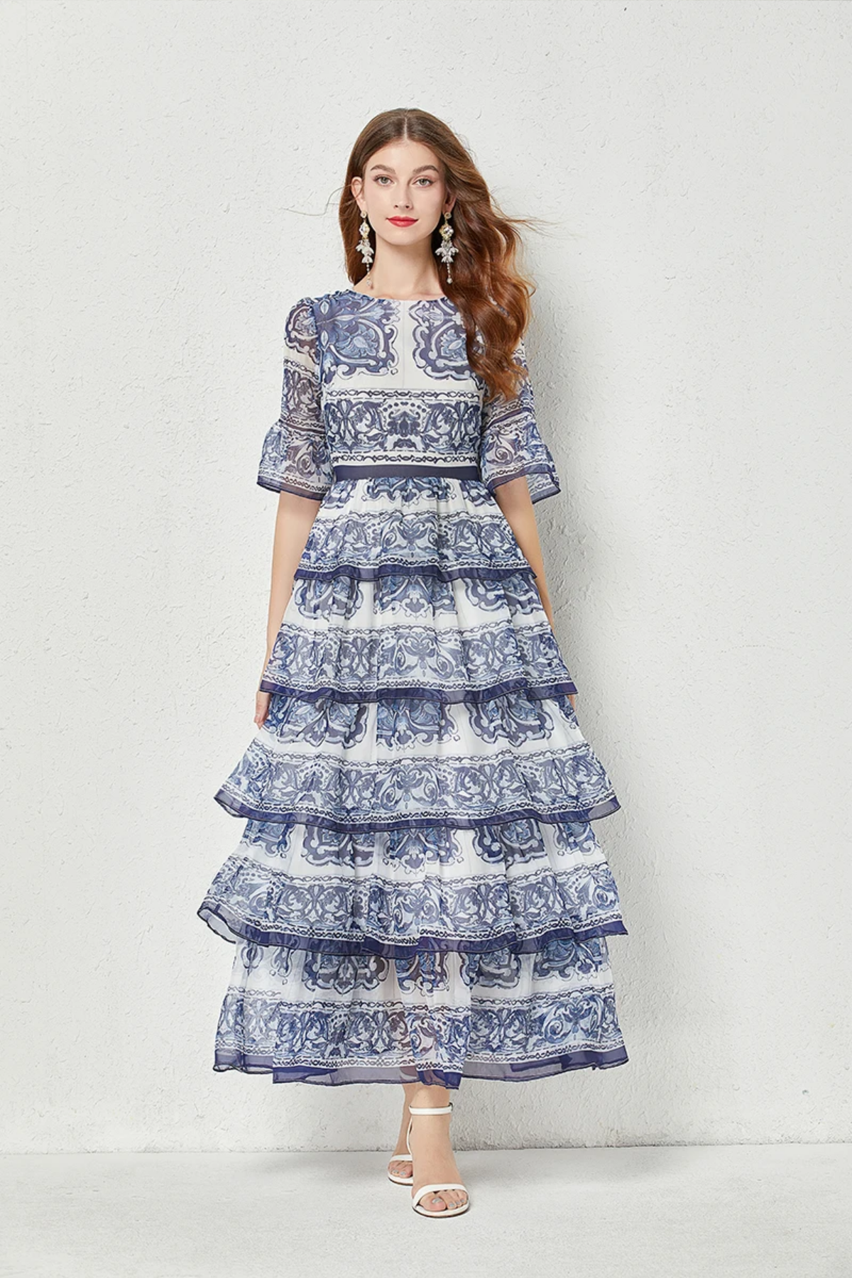 2023  Summer Gorgeous Blue And White Porcelain Printed Cascading Ruffles 5-Layers Cake Flare Sleeve Chiffon Maxi Dress