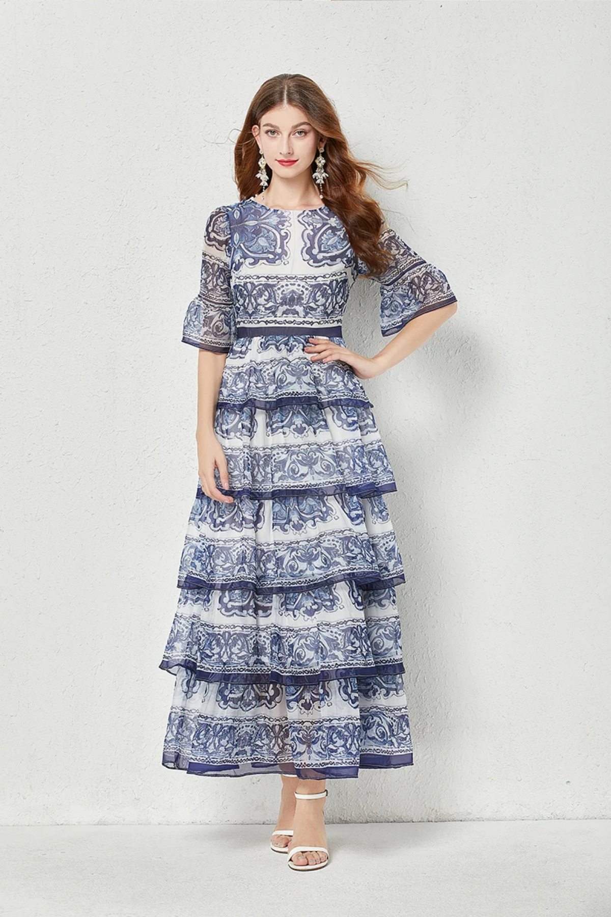 2023  Summer Gorgeous Blue And White Porcelain Printed Cascading Ruffles 5-Layers Cake Flare Sleeve Chiffon Maxi Dress