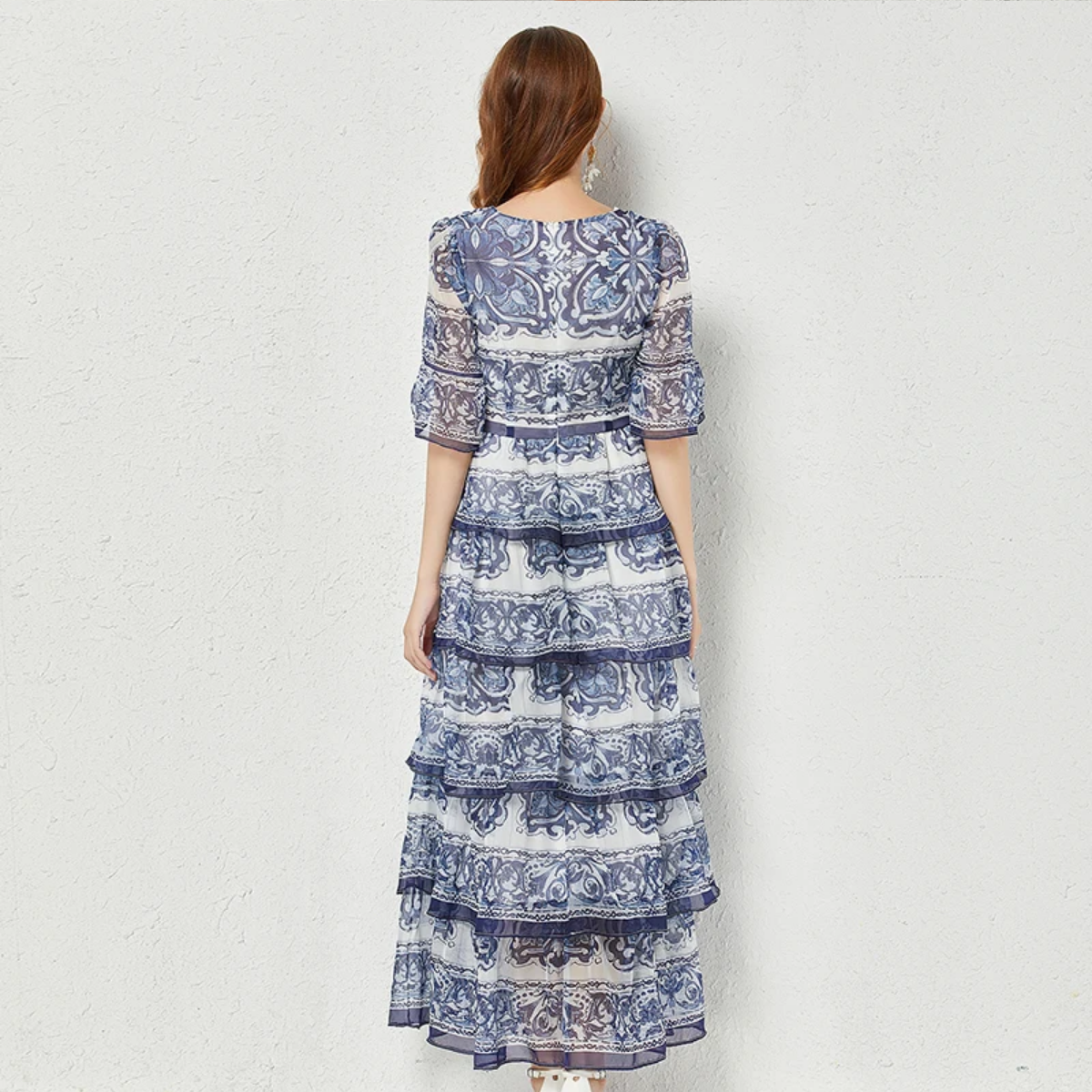 2023  Summer Gorgeous Blue And White Porcelain Printed Cascading Ruffles 5-Layers Cake Flare Sleeve Chiffon Maxi Dress