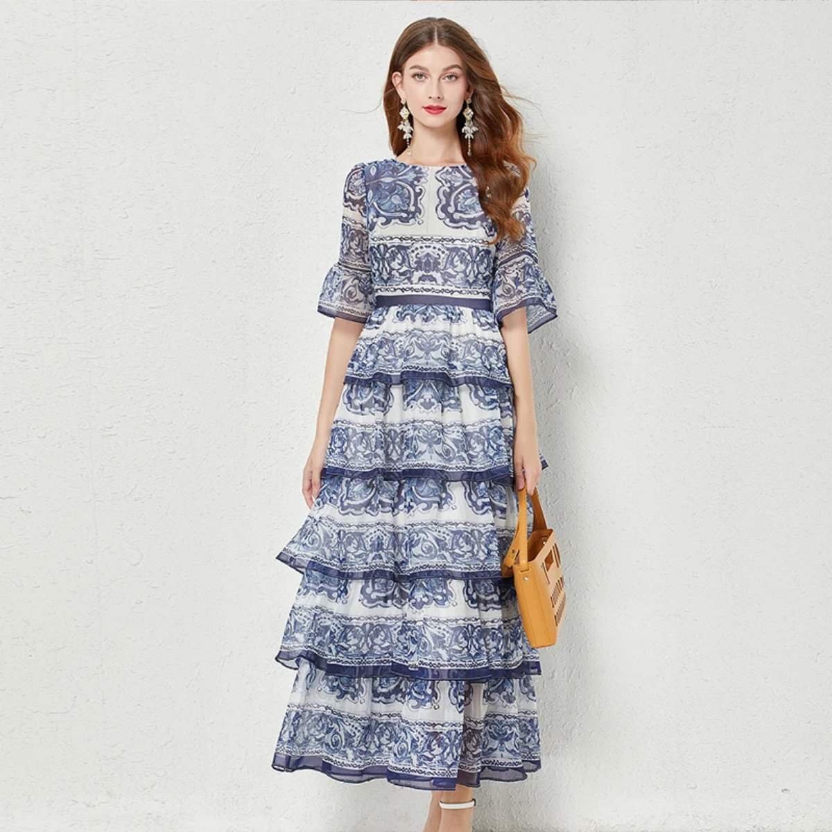 2023  Summer Gorgeous Blue And White Porcelain Printed Cascading Ruffles 5-Layers Cake Flare Sleeve Chiffon Maxi Dress