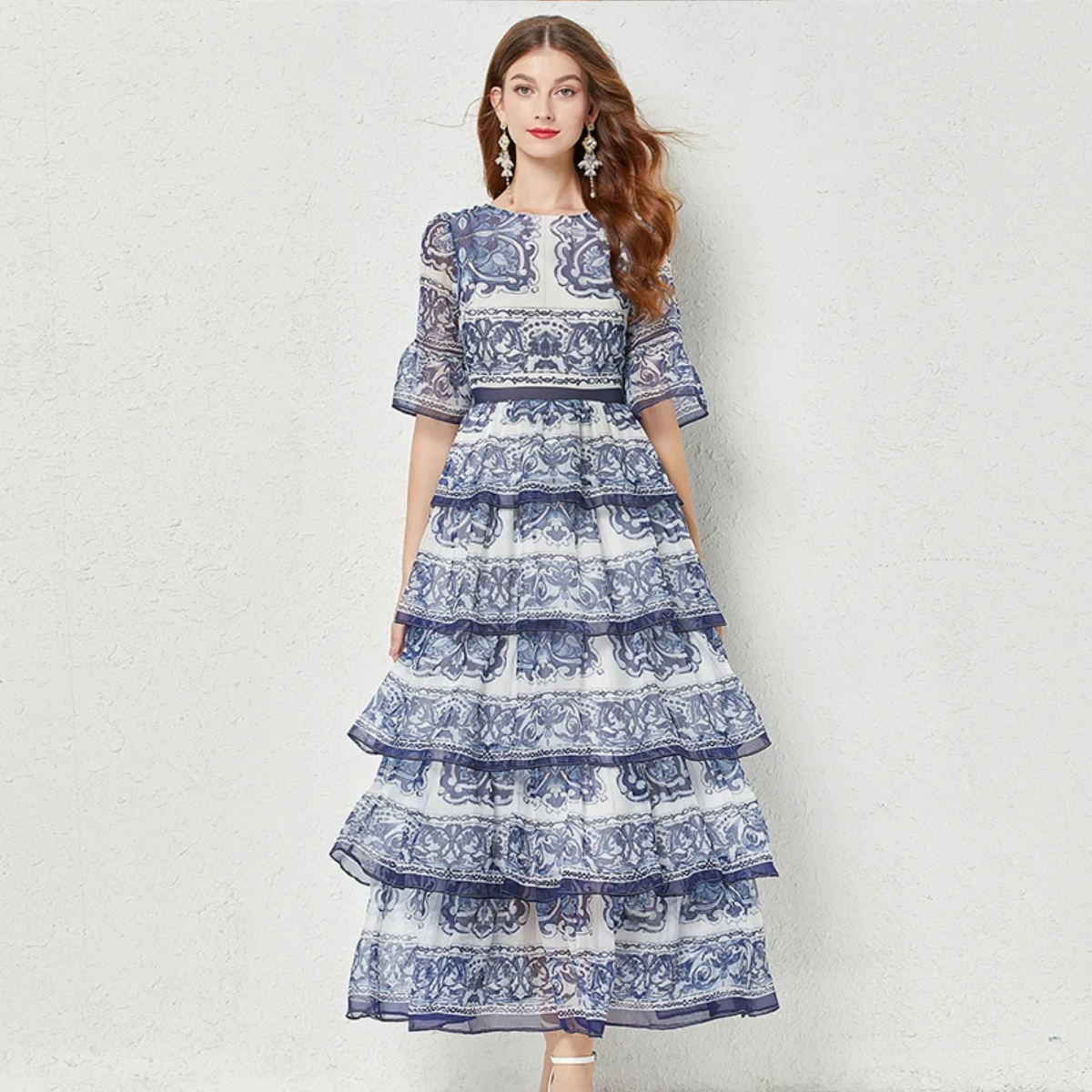 2023  Summer Gorgeous Blue And White Porcelain Printed Cascading Ruffles 5-Layers Cake Flare Sleeve Chiffon Maxi Dress