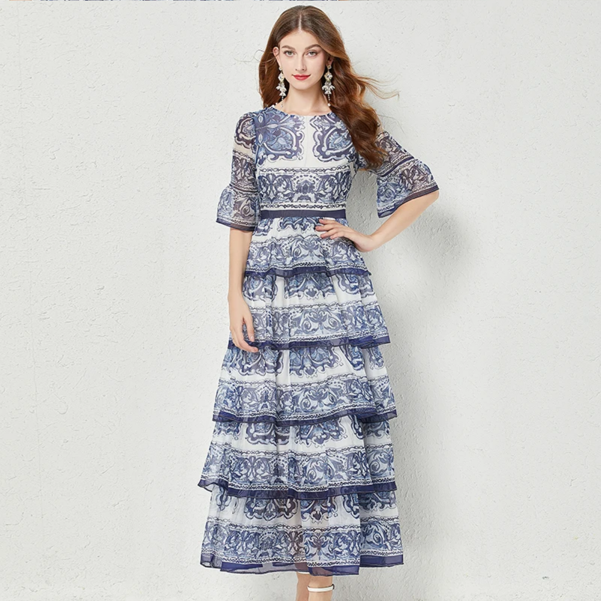 2023  Summer Gorgeous Blue And White Porcelain Printed Cascading Ruffles 5-Layers Cake Flare Sleeve Chiffon Maxi Dress