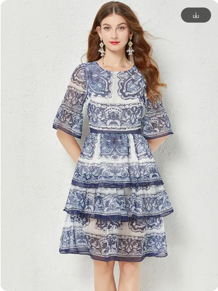 2023  Summer Gorgeous Blue And White Porcelain Printed Cascading Ruffles 5-Layers Cake Flare Sleeve Chiffon Maxi Dress