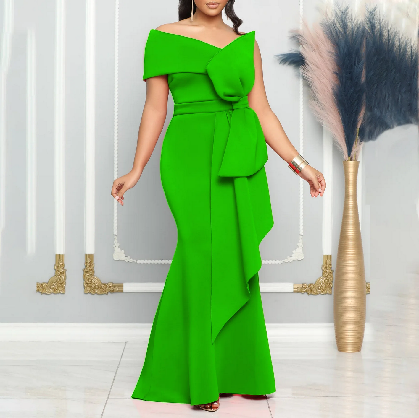 Party One Shoulder Elegant with Bow Slim  Long Maxi Dress