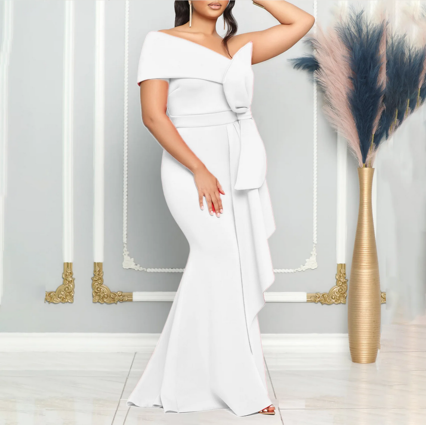 Party One Shoulder Elegant with Bow Slim  Long Maxi Dress