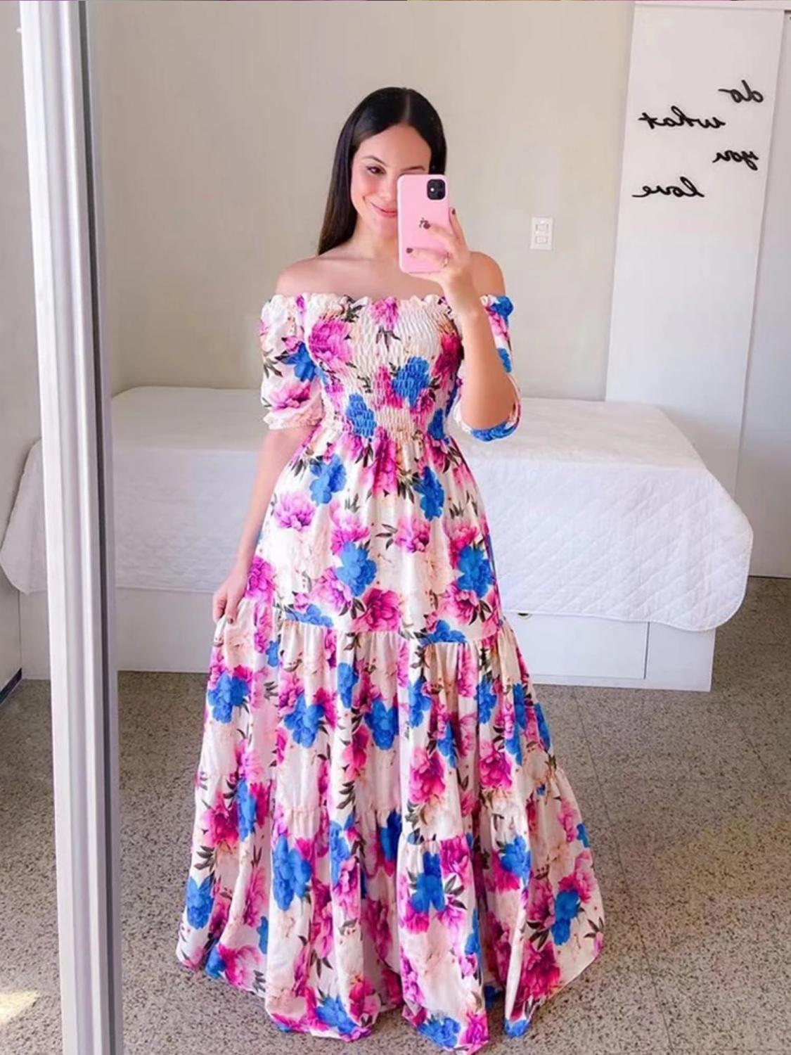 Vintage Floral Print Off The Shoulder Elastic Sexy Long Summer Dress