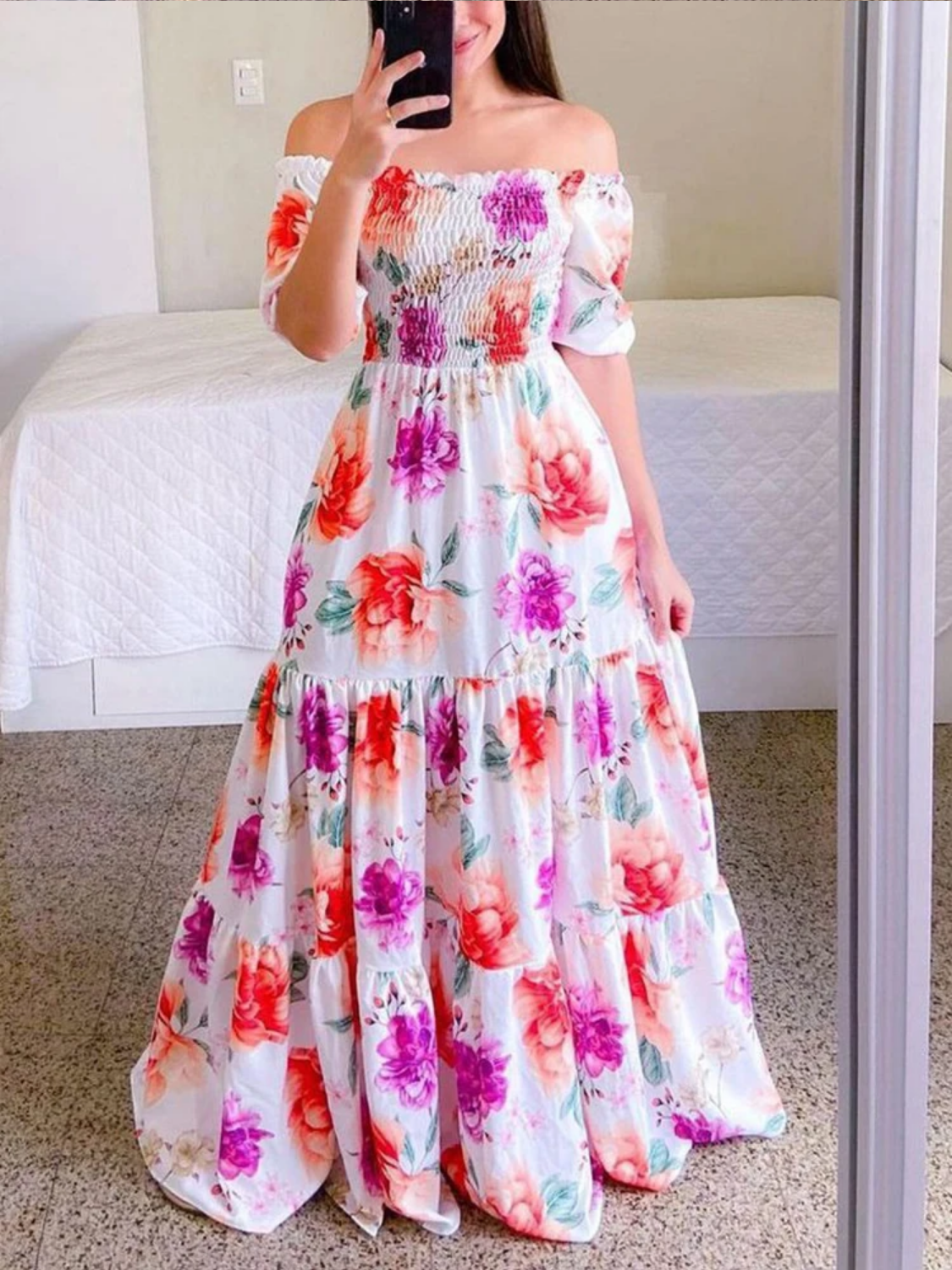 Vintage Floral Print Off The Shoulder Elastic Sexy Long Summer Dress