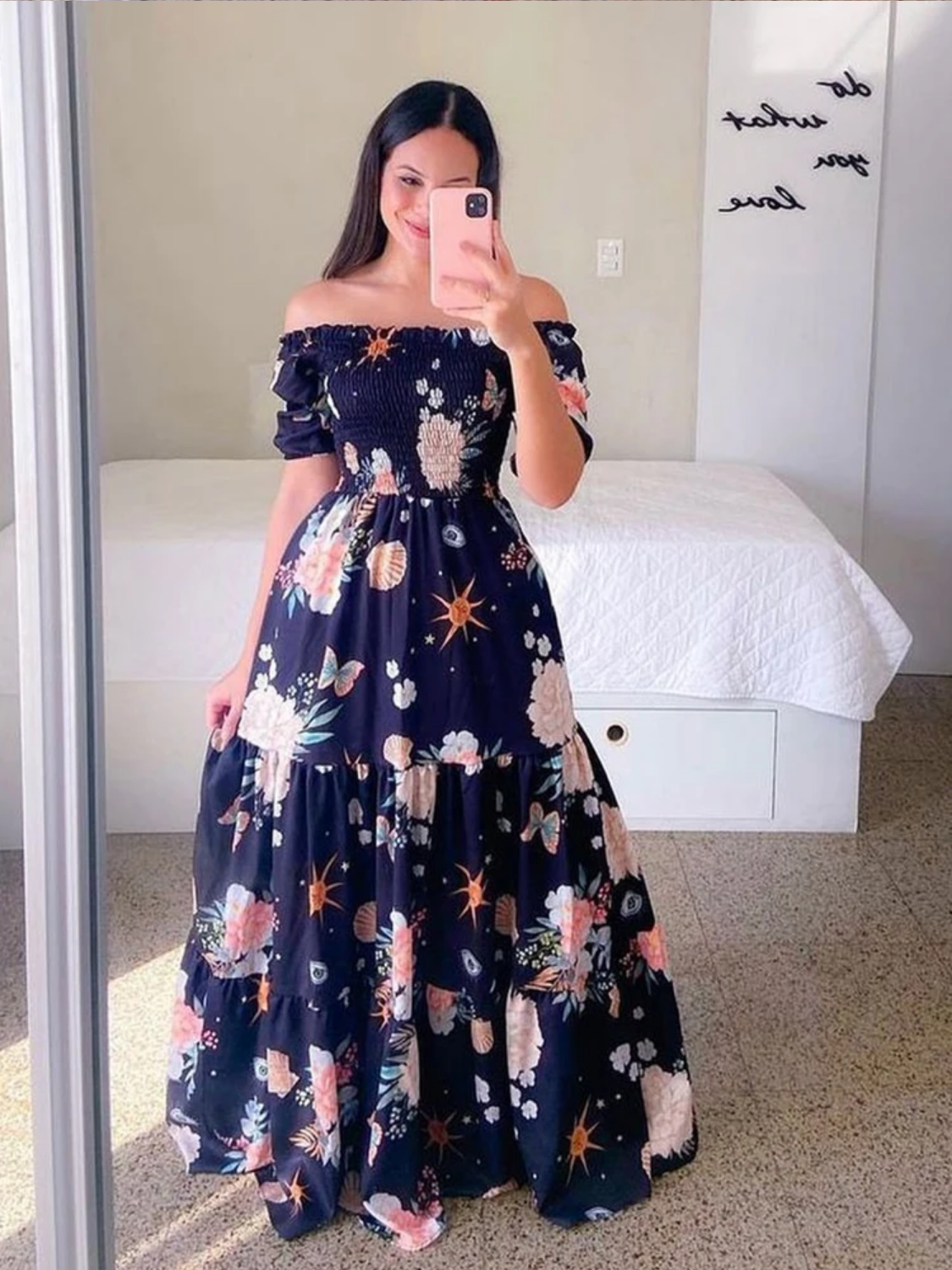 Vintage Floral Print Off The Shoulder Elastic Sexy Long Summer Dress