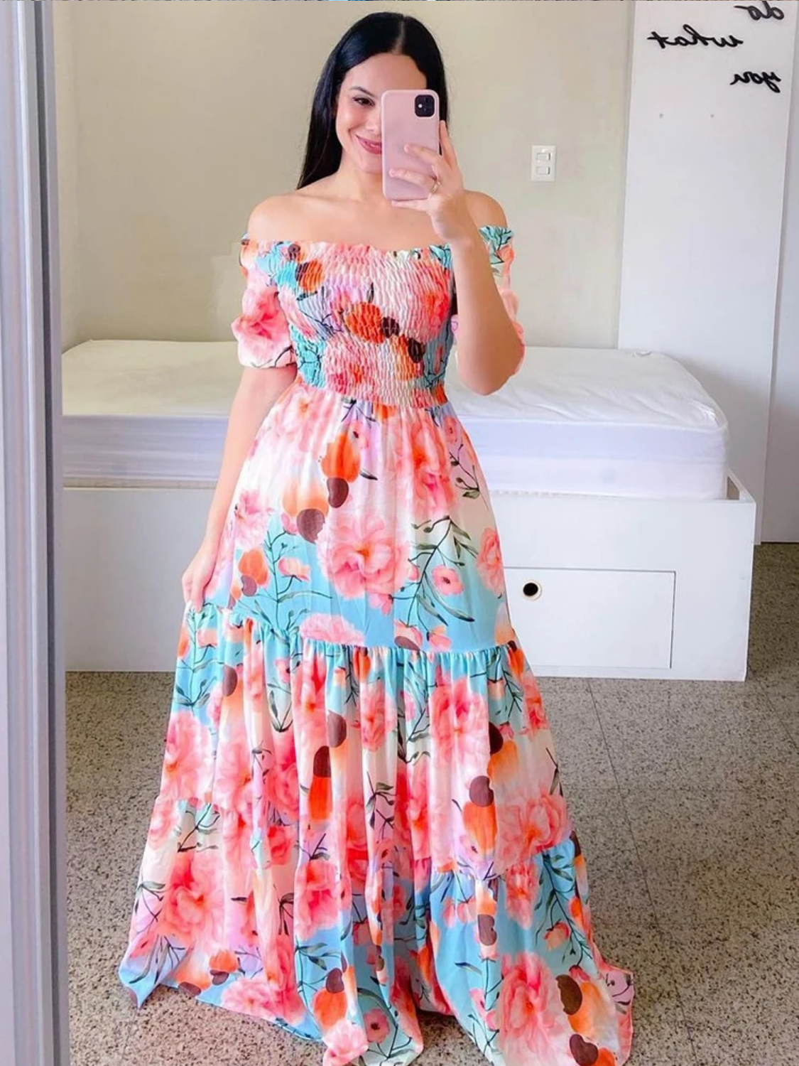 Vintage Floral Print Off The Shoulder Elastic Sexy Long Summer Dress