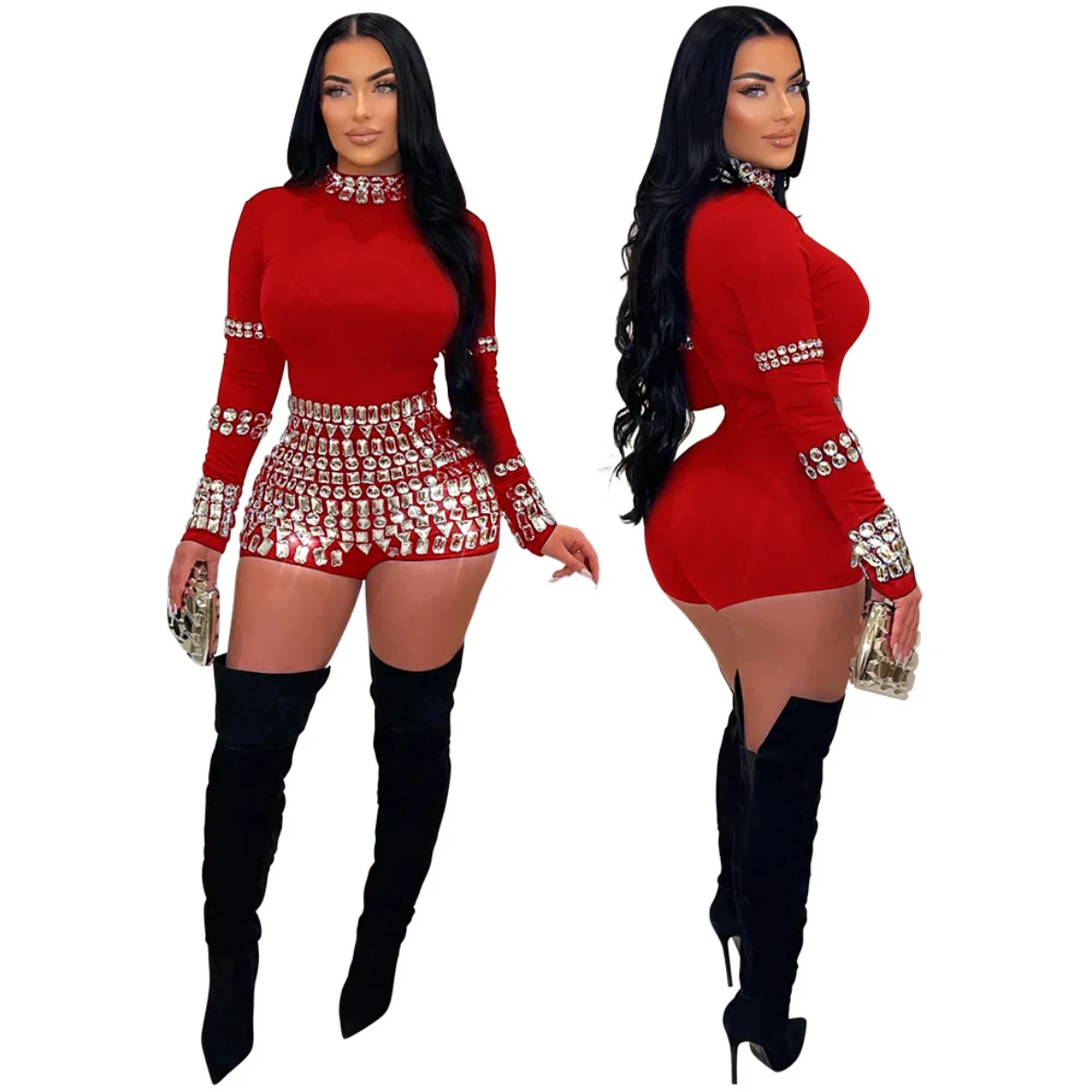 2024 Summer Hot Rhinestones Long Sleeve Short Jumpsuits