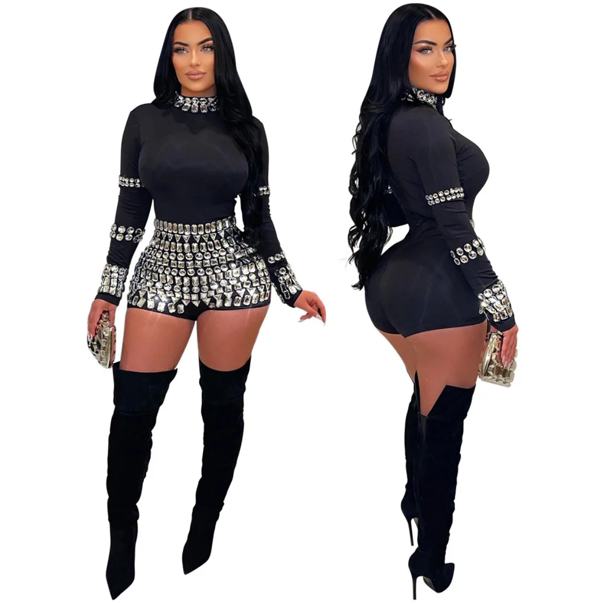 2024 Summer Hot Rhinestones Long Sleeve Short Jumpsuits