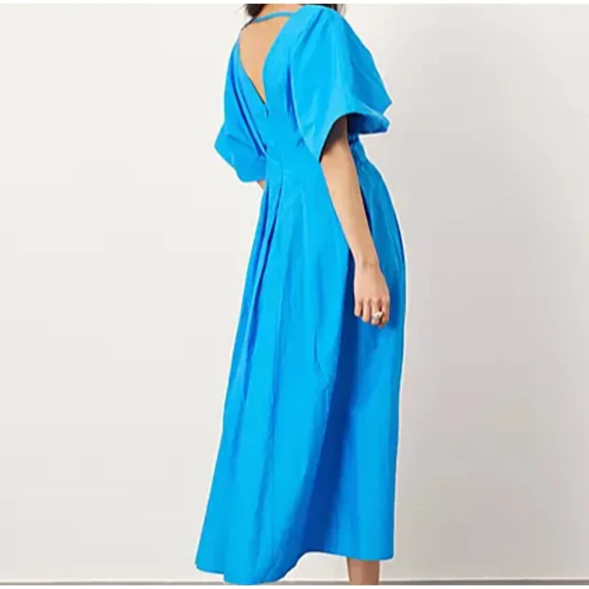 2024 Elegant V Neck Short Puff Sleeve Solid Pleated Waist Maxi Dresses