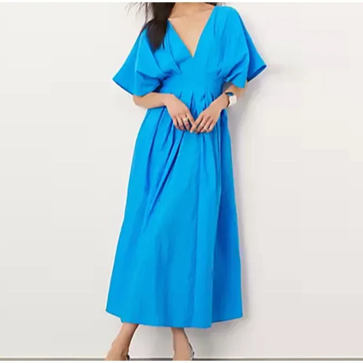 2024 Elegant V Neck Short Puff Sleeve Solid Pleated Waist Maxi Dresses