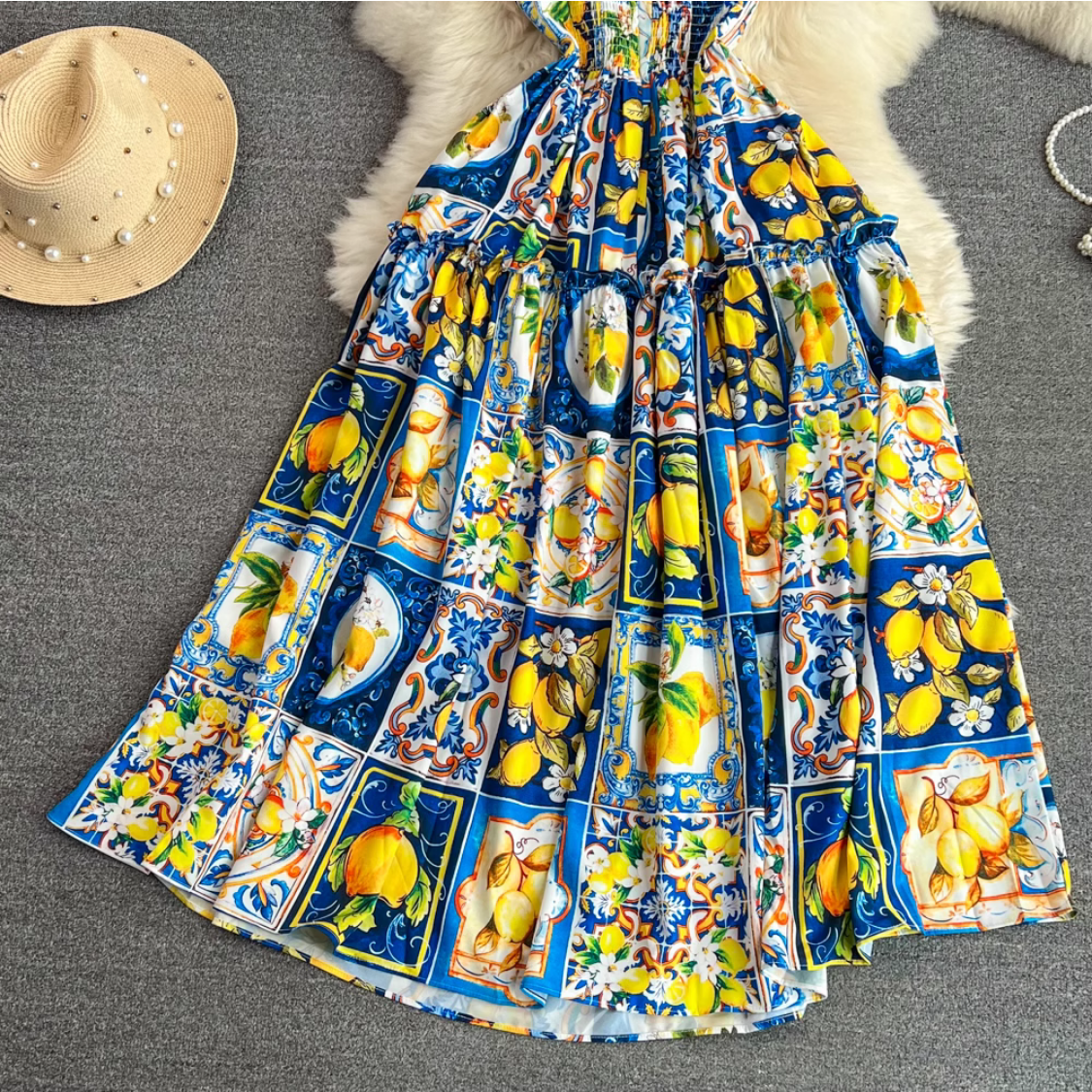 Summer Sexy Bow Spaghetti Strap Floral Lemon Print Dress