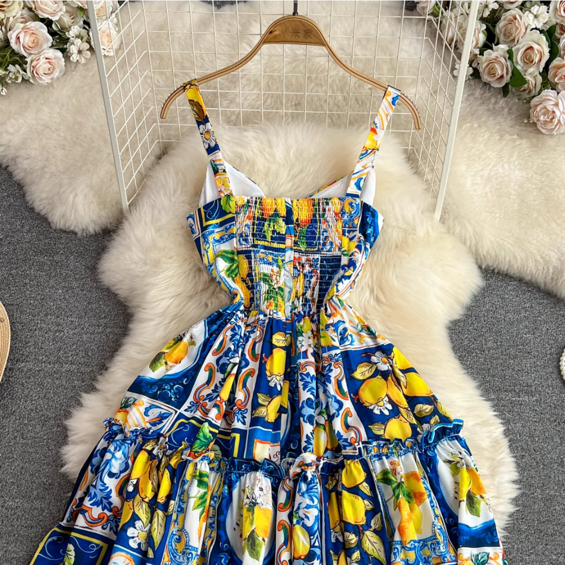 Summer Sexy Bow Spaghetti Strap Floral Lemon Print Dress