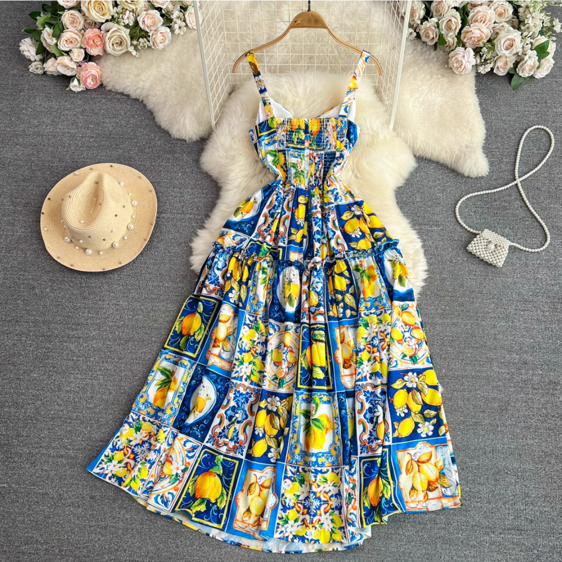 Summer Sexy Bow Spaghetti Strap Floral Lemon Print Dress