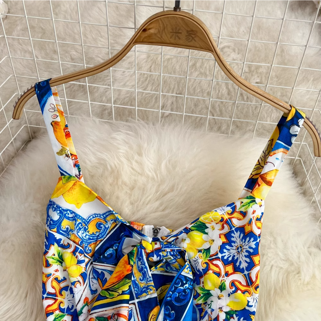 Summer Sexy Bow Spaghetti Strap Floral Lemon Print Dress