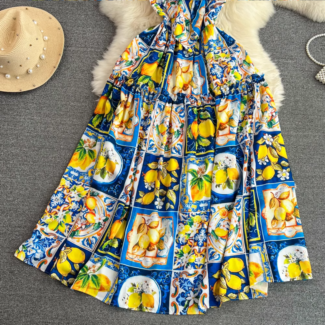 Summer Sexy Bow Spaghetti Strap Floral Lemon Print Dress