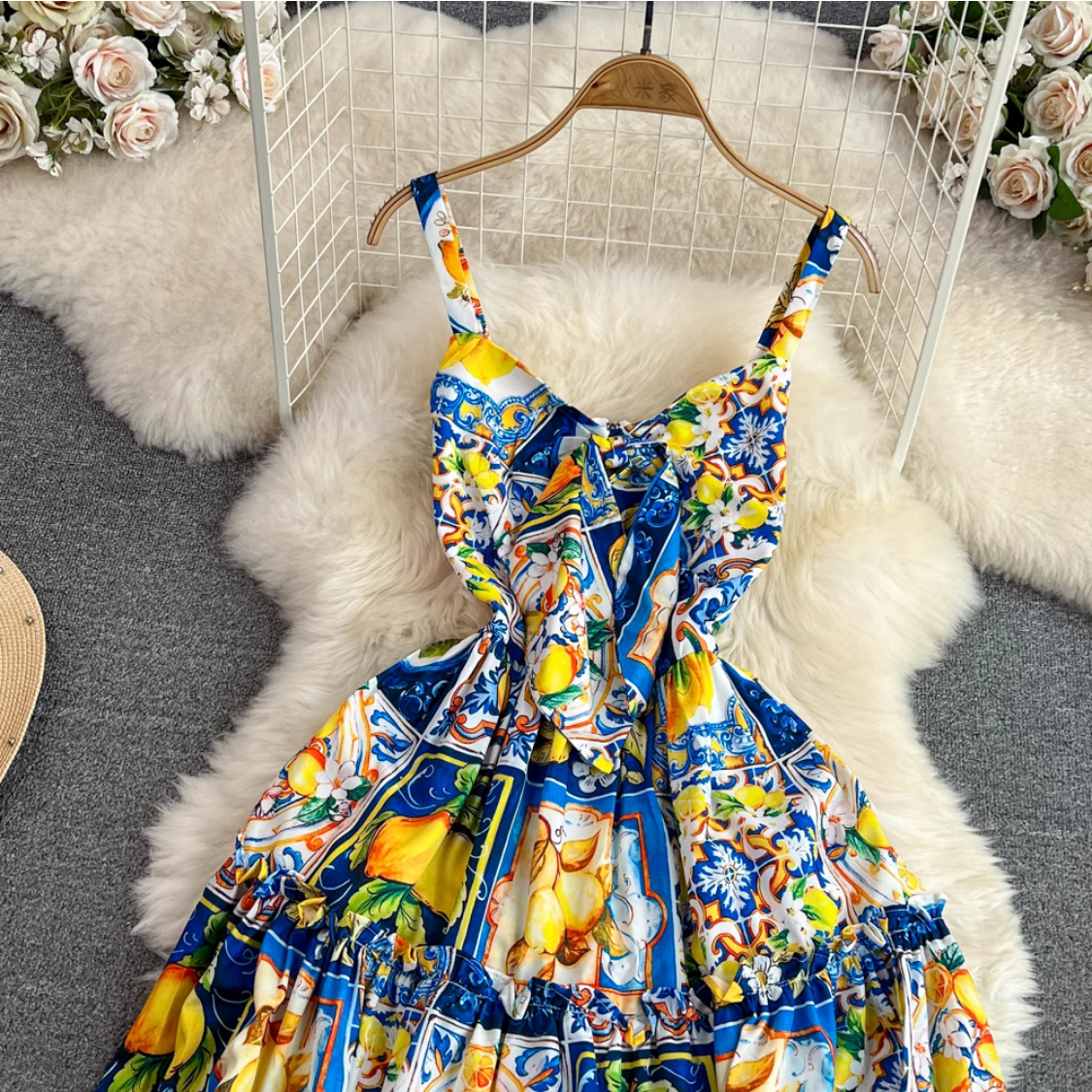 Summer Sexy Bow Spaghetti Strap Floral Lemon Print Dress