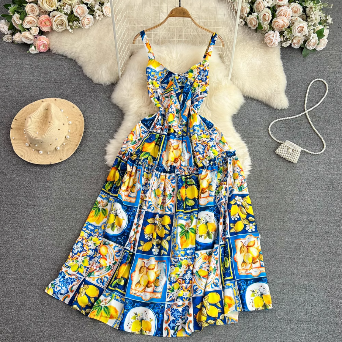 Summer Sexy Bow Spaghetti Strap Floral Lemon Print Dress