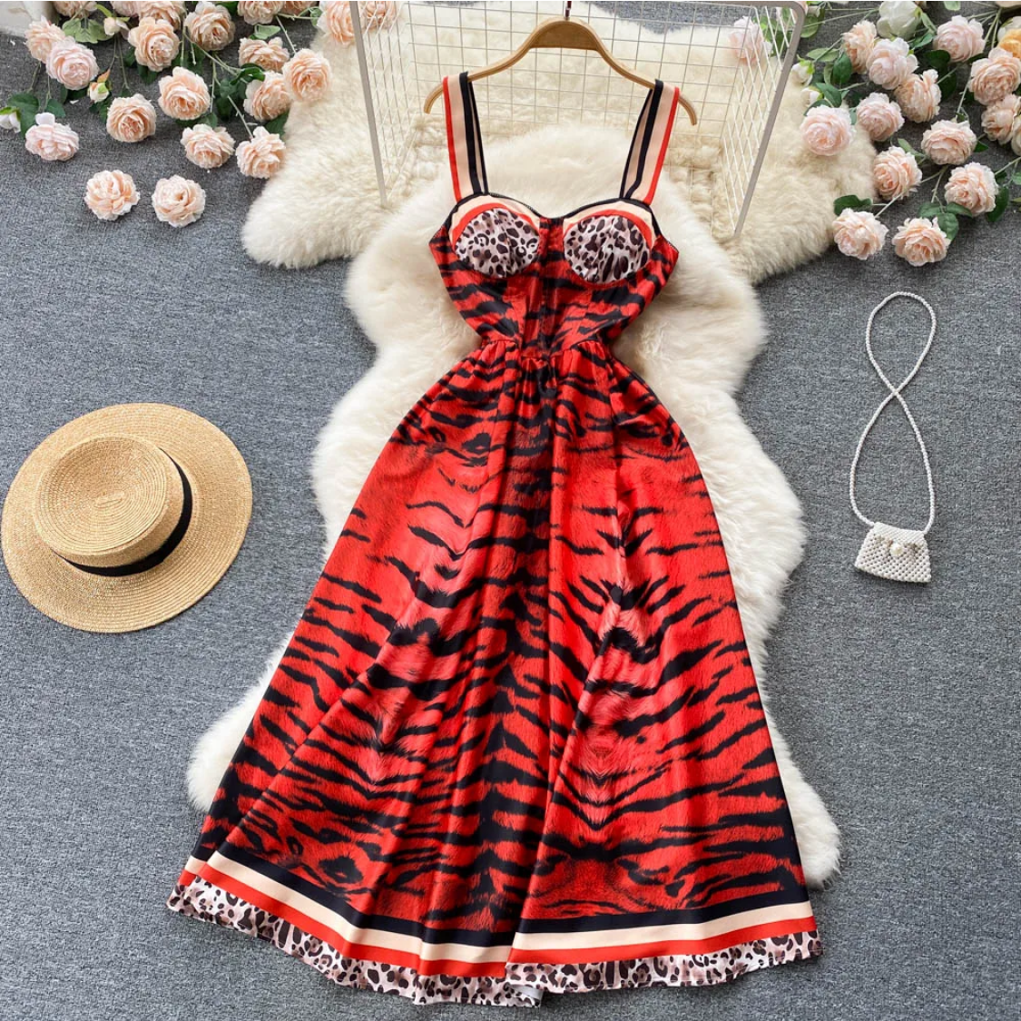 Vintage  Summer Leopard Print Three-dimensional  A Line High Waist Dress