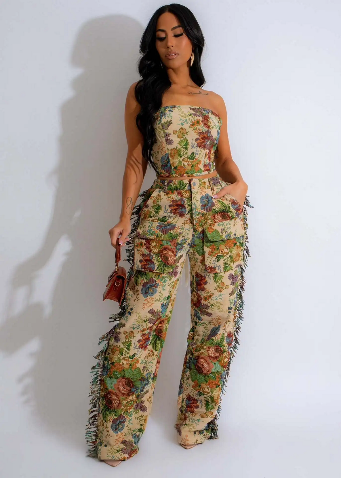 2024 Summer Autumn Lace Up Tops And Tassels Pants Suits