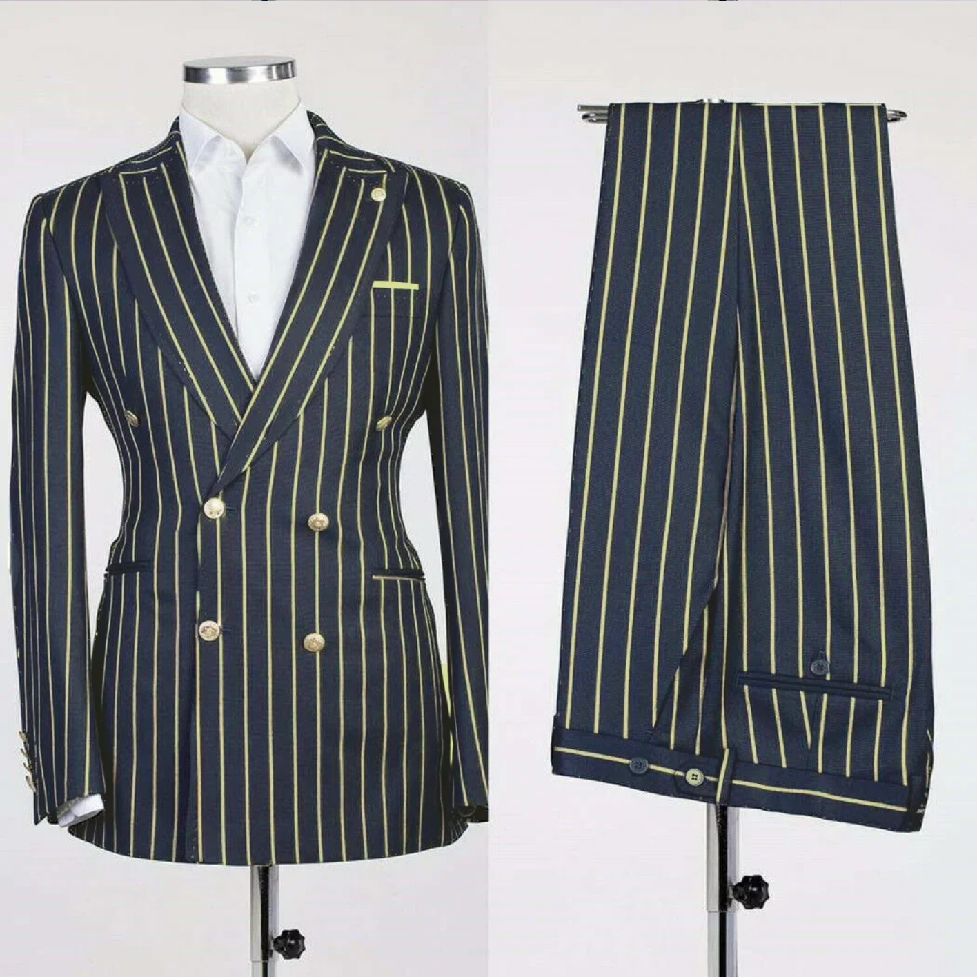 Men's  Stripe Coat with Pants Double Breasted Jacket British Style Pantsuits