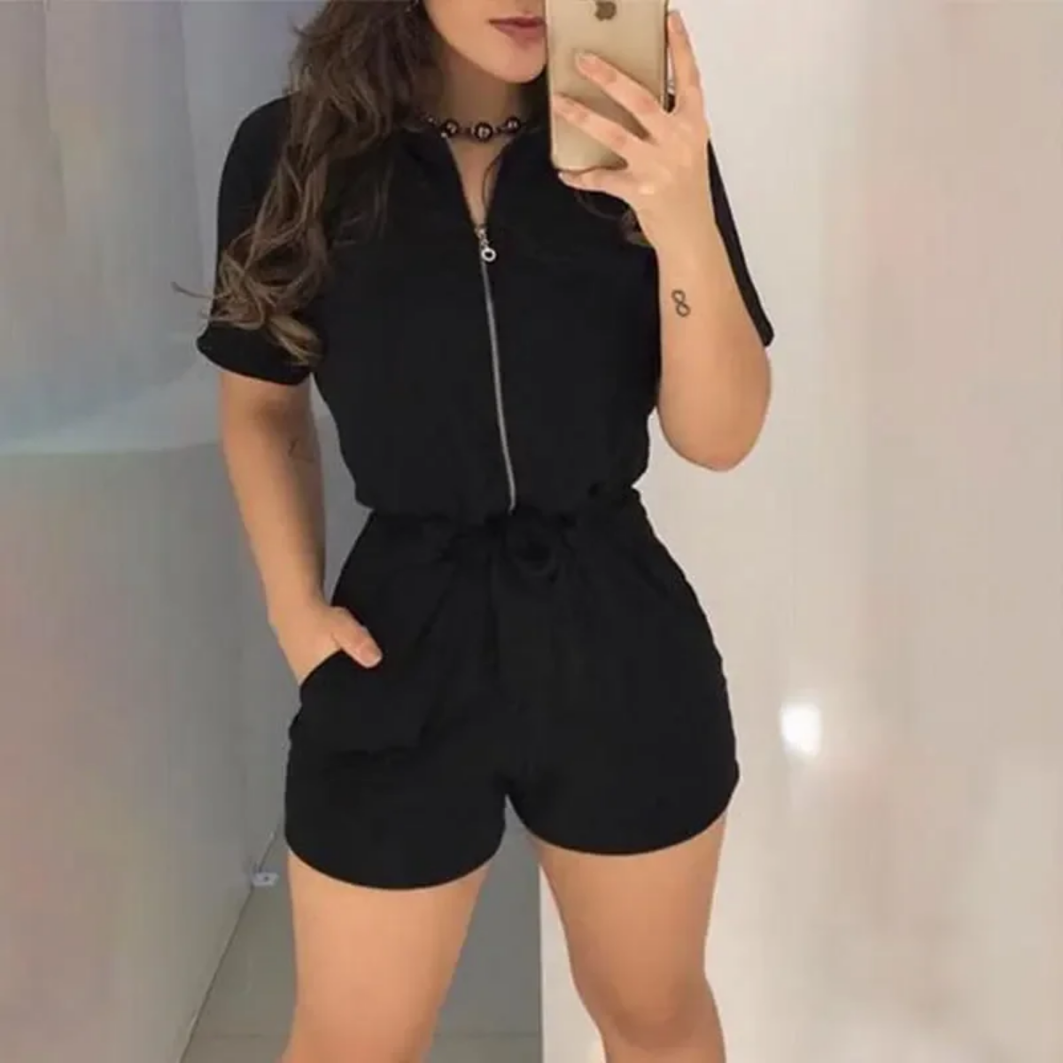 Summer Black Cool V Neck Short Sleeve Workwear Zipper Design Romper with Pockets