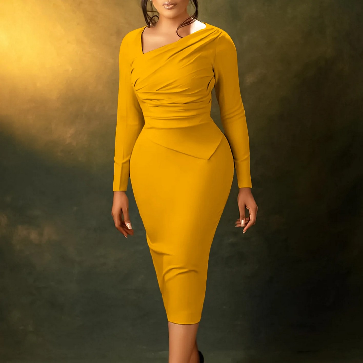 Elegant Skew Collar Long Sleeves Shirring Party Bodycon Dress