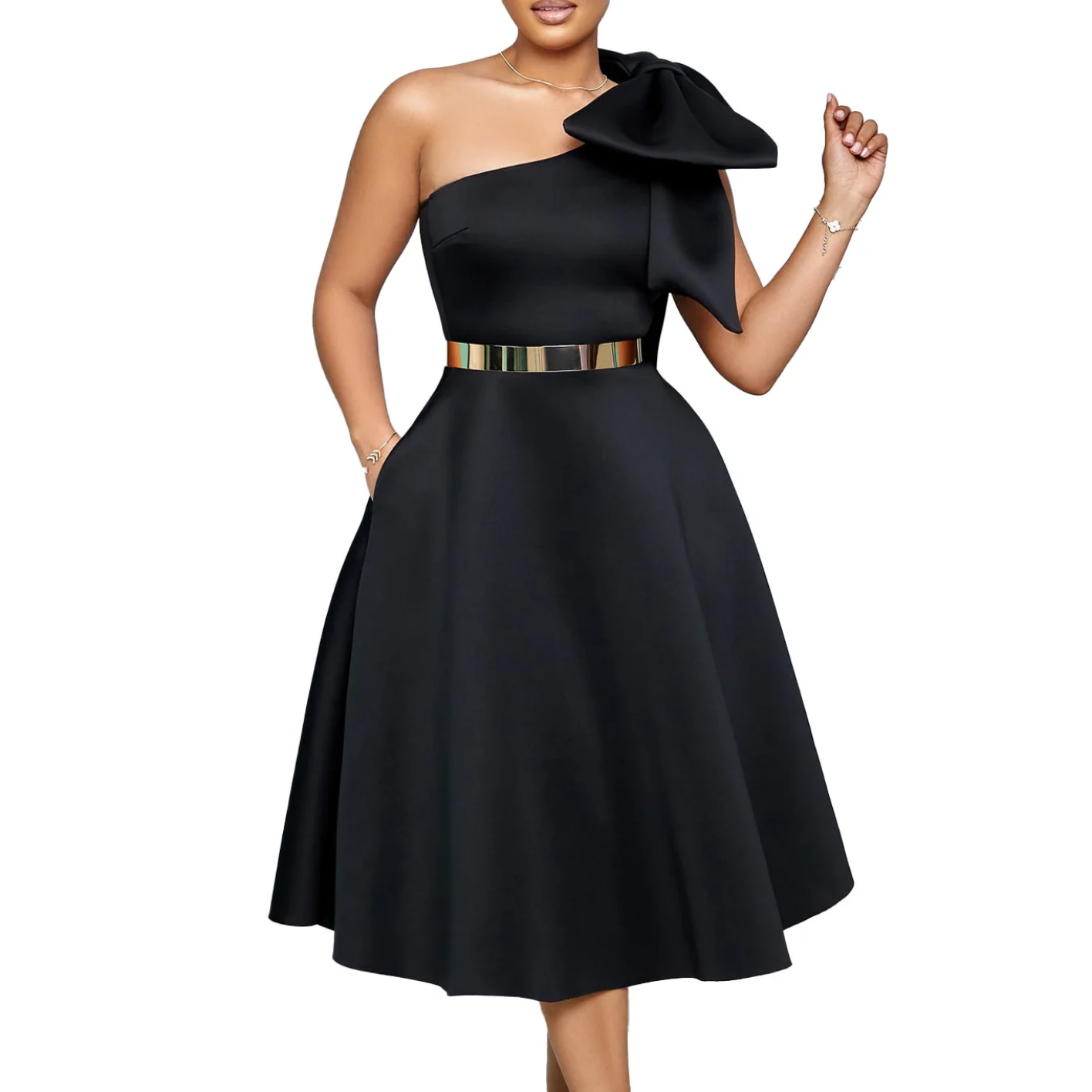 Elegant A Line Pleated One Shoulder Bow Sleeveless Dress