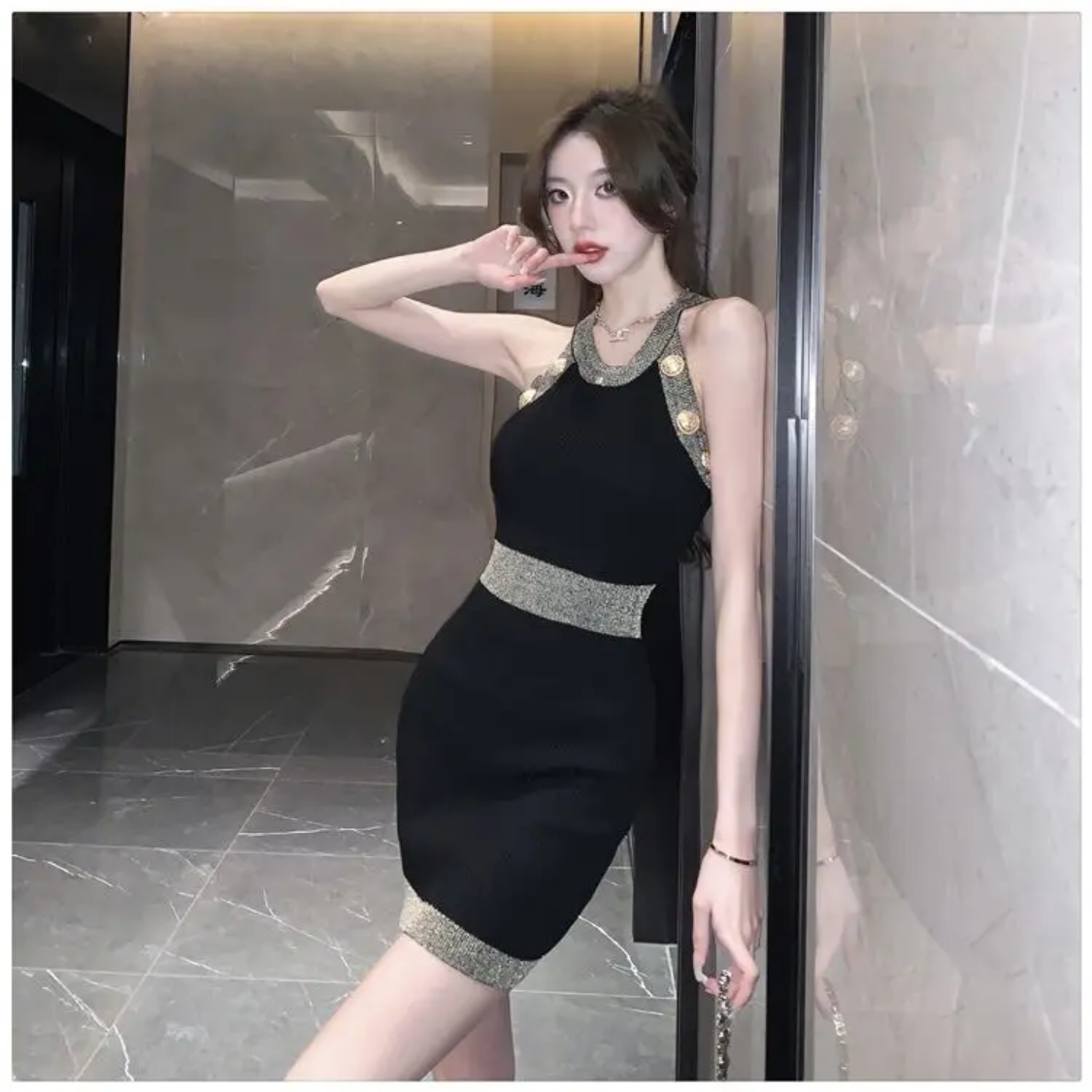 Spring Summer Tank Top Knitting  Patchwork Slim Halter Buttons Bodycon Midi Dress