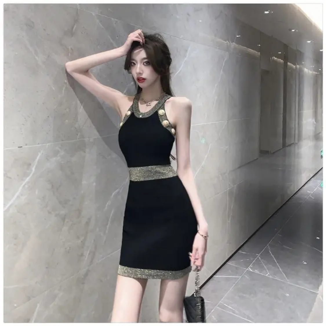 Spring Summer Tank Top Knitting  Patchwork Slim Halter Buttons Bodycon Midi Dress