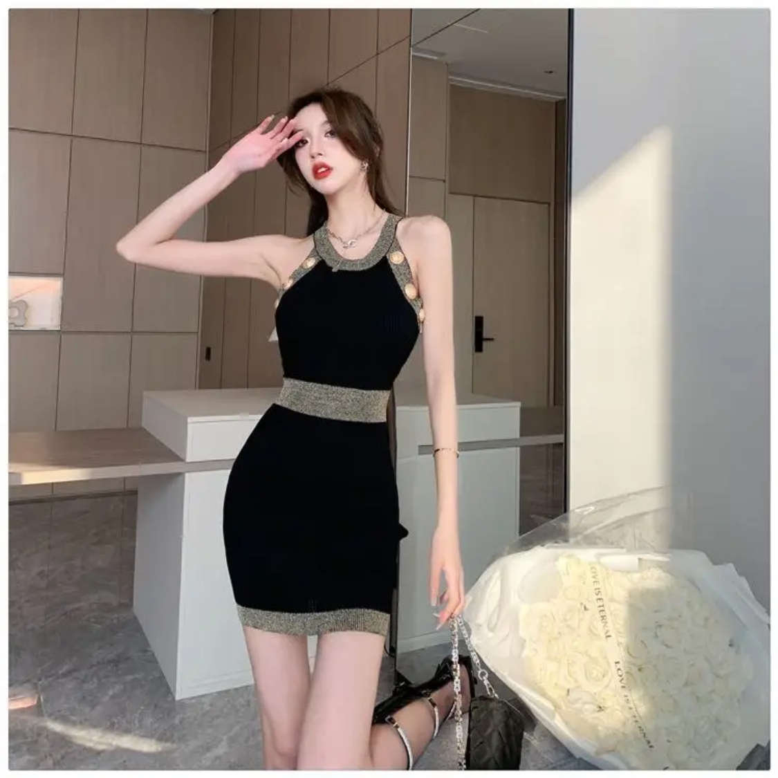 Spring Summer Tank Top Knitting  Patchwork Slim Halter Buttons Bodycon Midi Dress