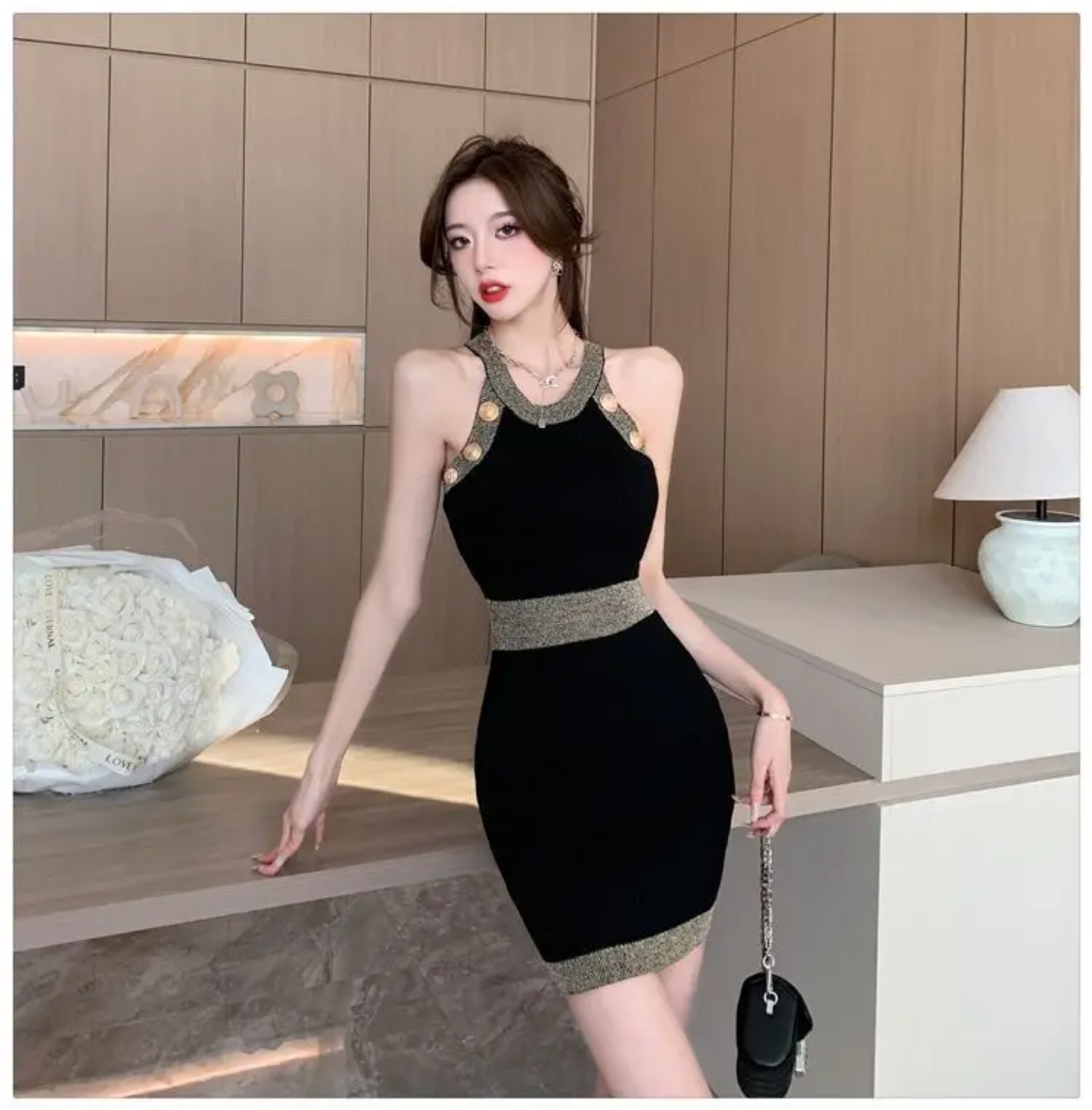 Spring Summer Tank Top Knitting  Patchwork Slim Halter Buttons Bodycon Midi Dress