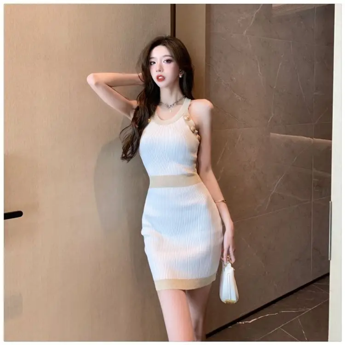 Spring Summer Tank Top Knitting  Patchwork Slim Halter Buttons Bodycon Midi Dress