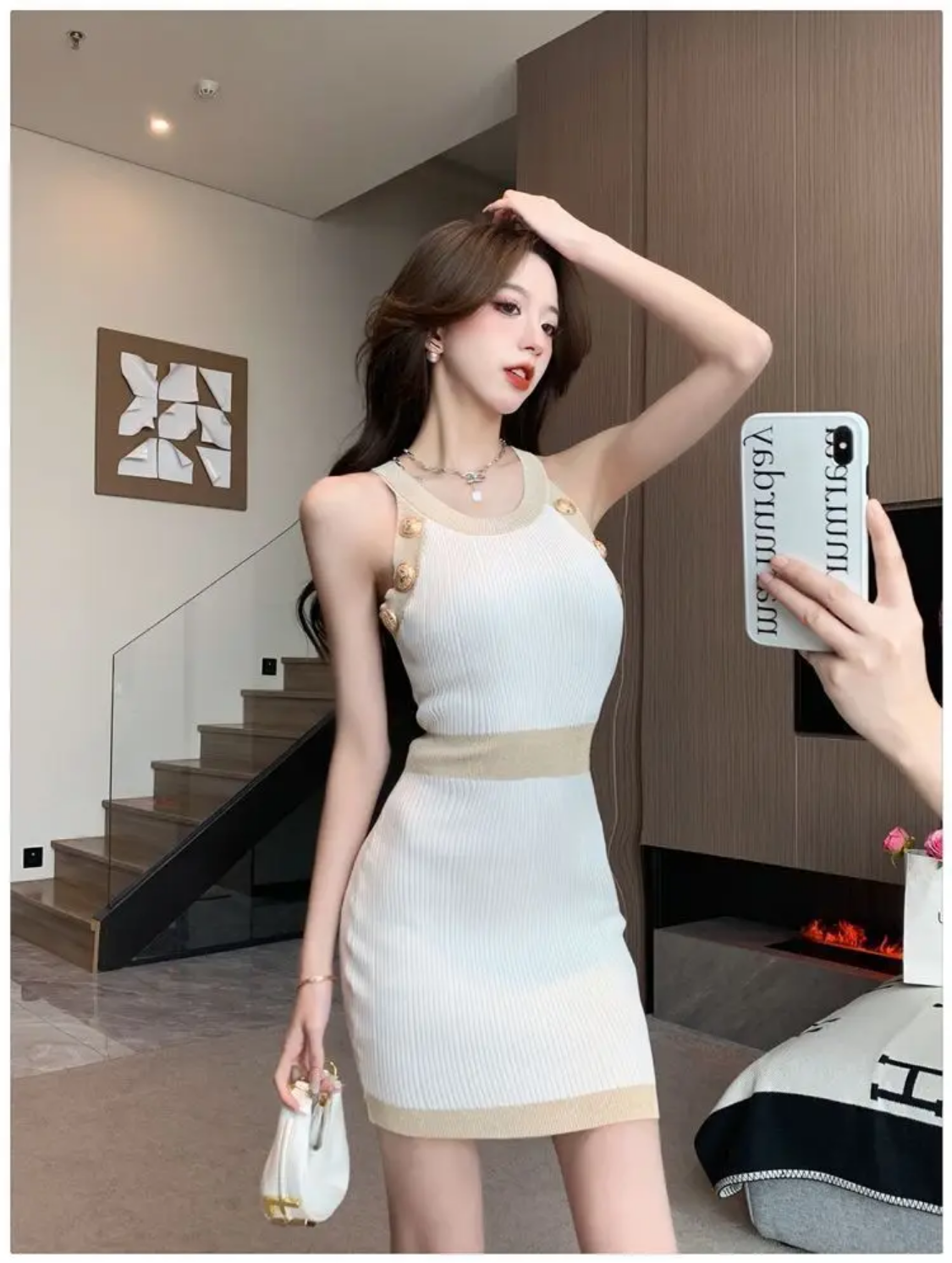 Spring Summer Tank Top Knitting  Patchwork Slim Halter Buttons Bodycon Midi Dress