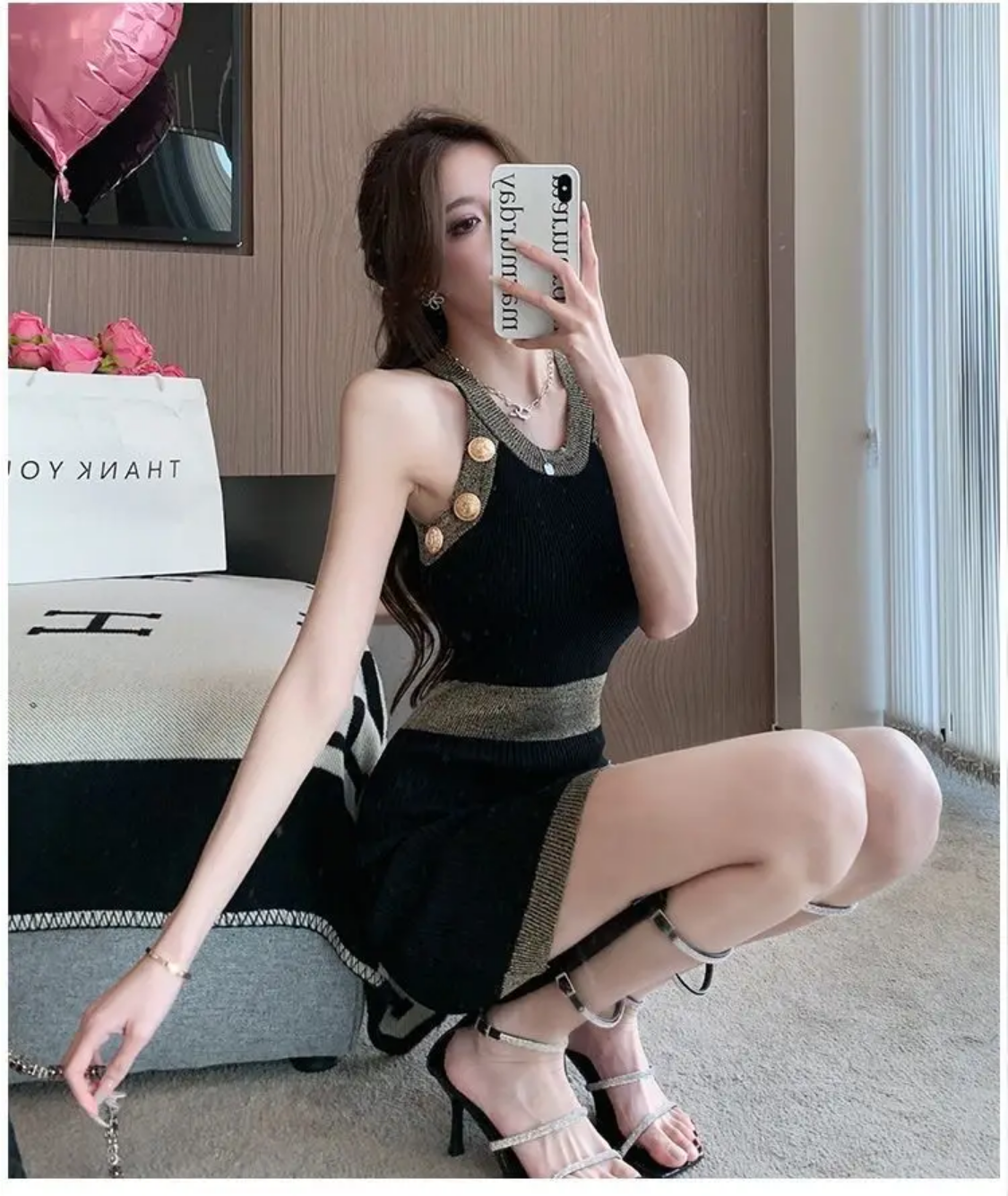 Spring Summer Tank Top Knitting  Patchwork Slim Halter Buttons Bodycon Midi Dress