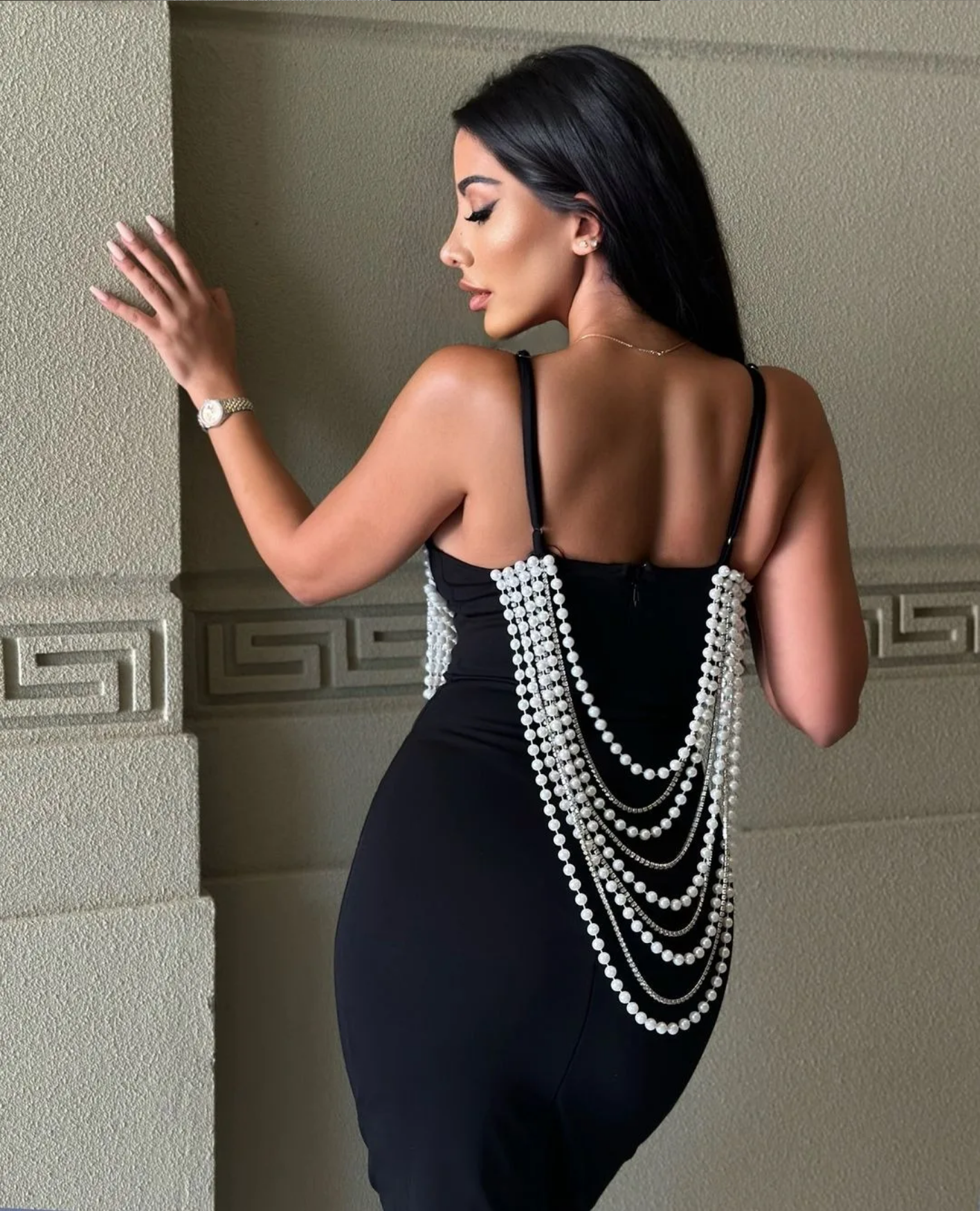 Sexy  Pearls Chain Hollow Out Club Bandage Dress