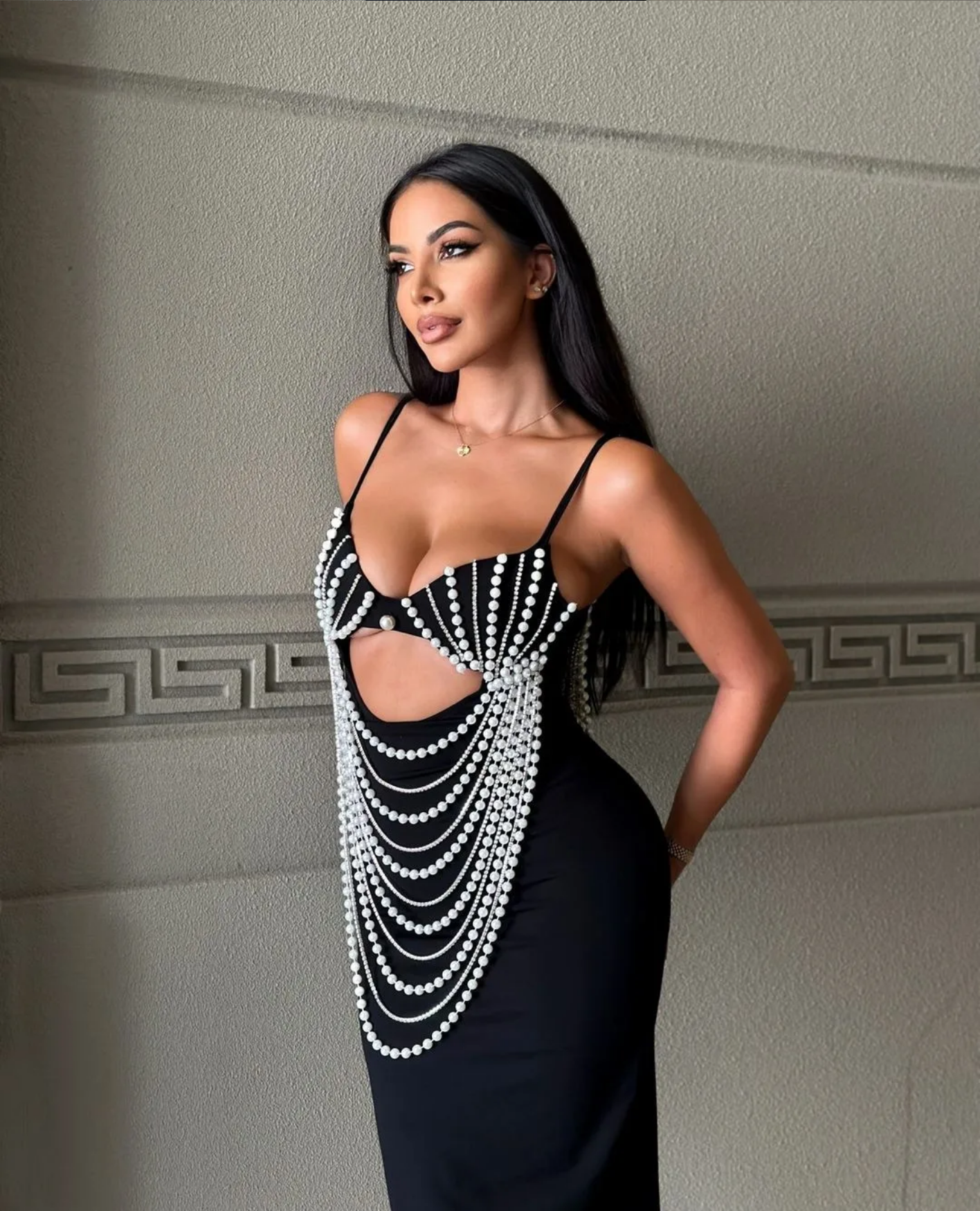 Sexy  Pearls Chain Hollow Out Club Bandage Dress