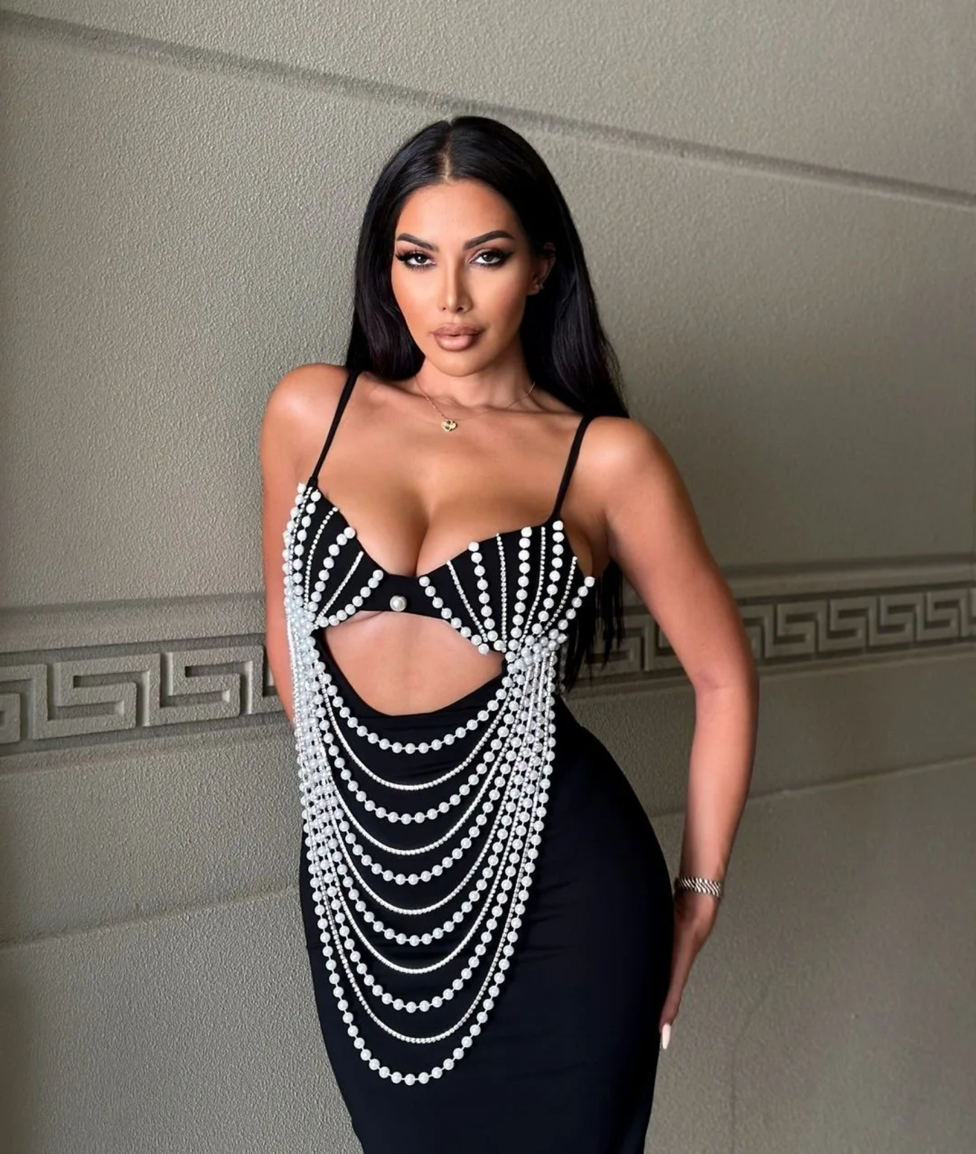 Sexy  Pearls Chain Hollow Out Club Bandage Dress